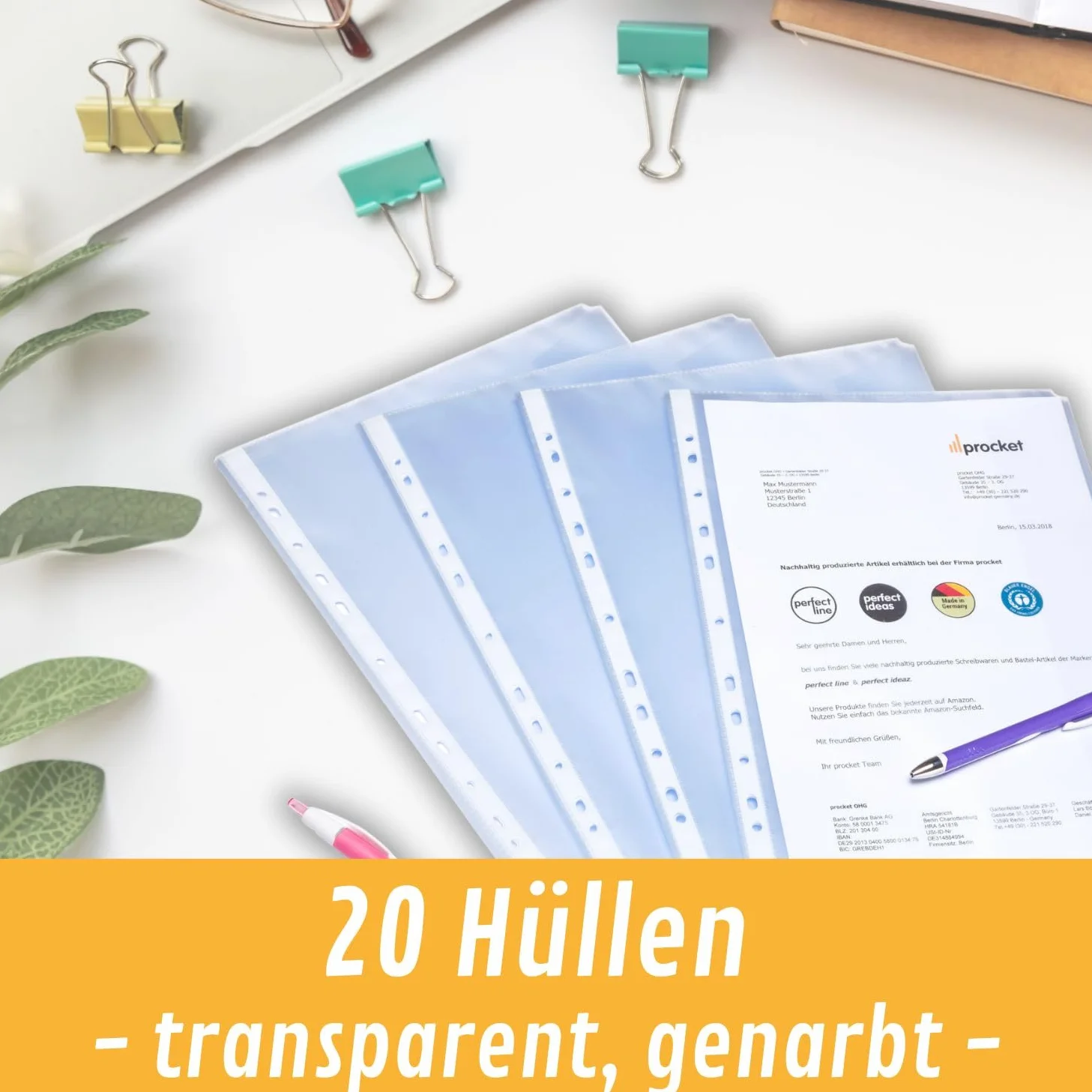 perfect line 20 Koszulki na dokumenty z klapką DIN-A4, Przezroczyste Koszulki Foliowe, Foliowe Koszulki A4 Groszkowane, Koszulki do Segregatora, Transparentne, bezkwasowe, chroniące dokumenty