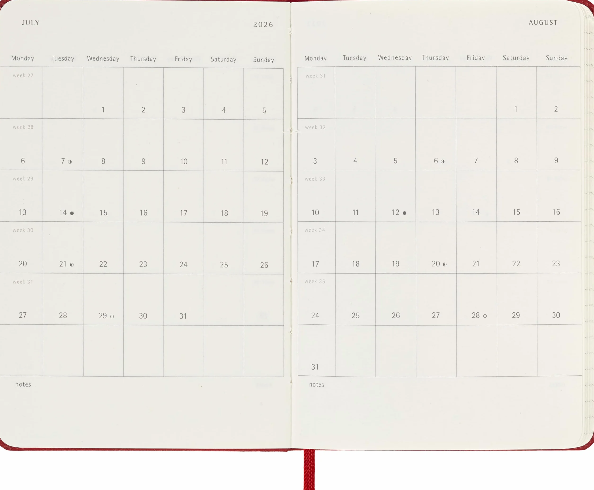 Moleskine 12 Monate Wochen Notizkalender 2026, Pocket/A6, 1 Wo = 1 Seite, rechts linierte Seite, Fester Einband, Scharlachrot