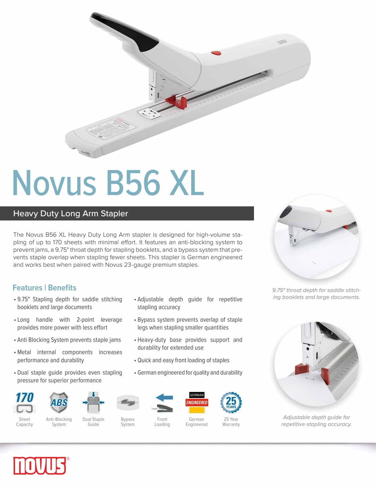 Novus B56 XL Zszywacz z długim ramieniem 20-170 arkuszy głębokość zszywania 24,7 cm