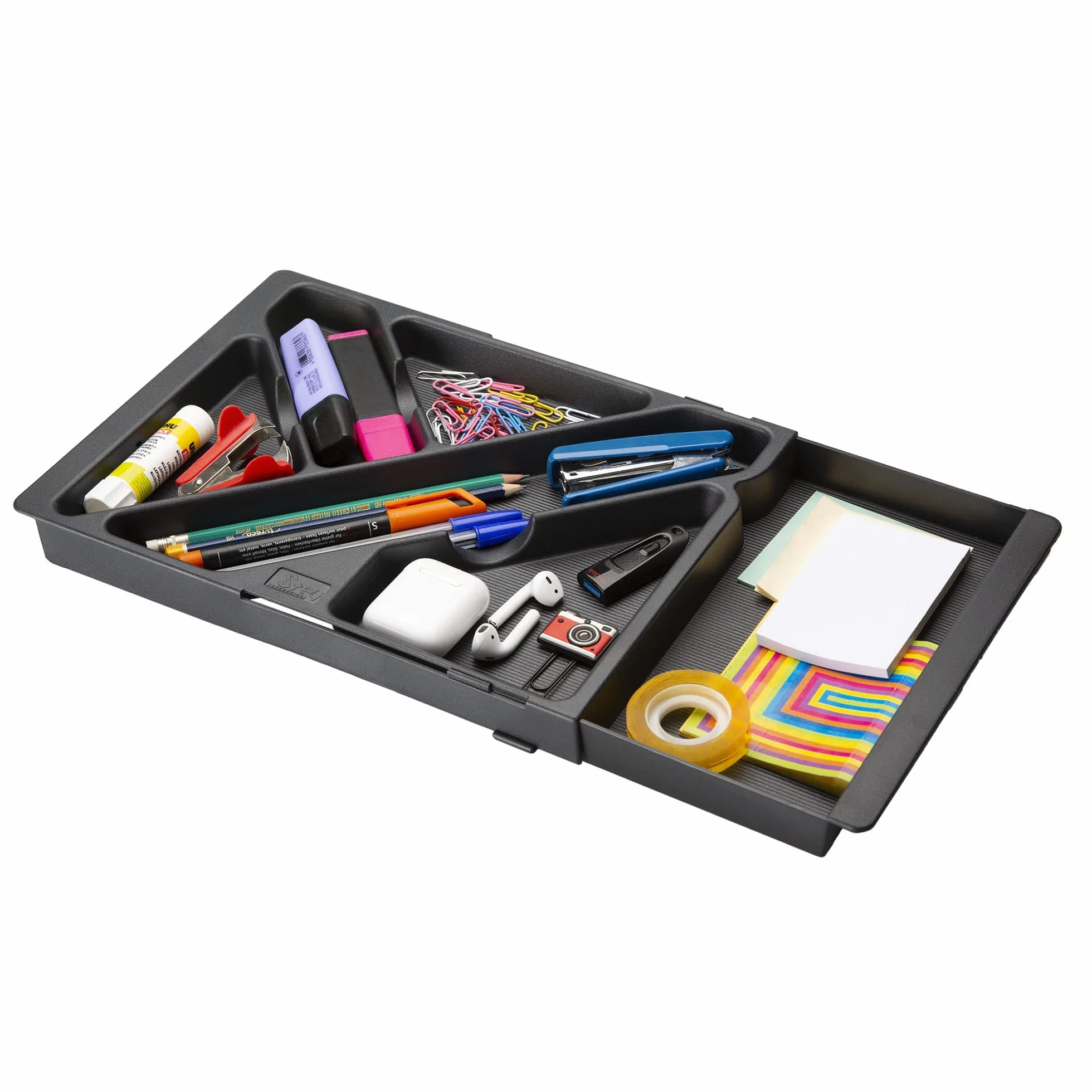 Wysuwana taca do szuflady biurka - wykonana z tworzywa sztucznego pochodzącego z recyklingu - 32,8-45,2 x 22,5 x 2,5 cm - pasuje do każdej wielkości szuflady - czarna - wyprodukowana w Hiszpanii -Stey