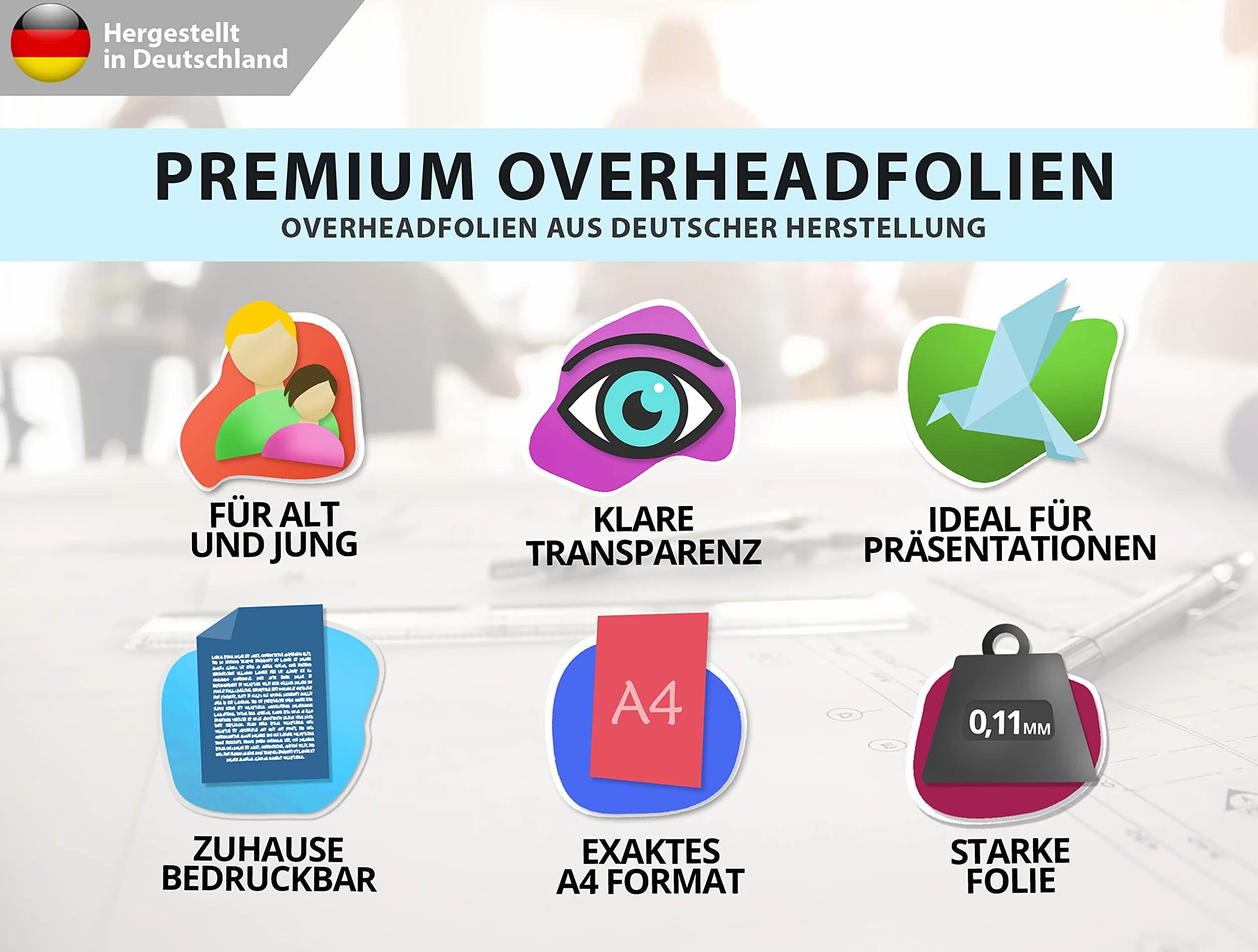 100 arkuszy folii PEMIUM – DIN A4 przezroczyste – do drukarek laserowych, kopiarek – folia OHP bardzo gruba – wysoka jakość druku i projekcji – Made in Germany
