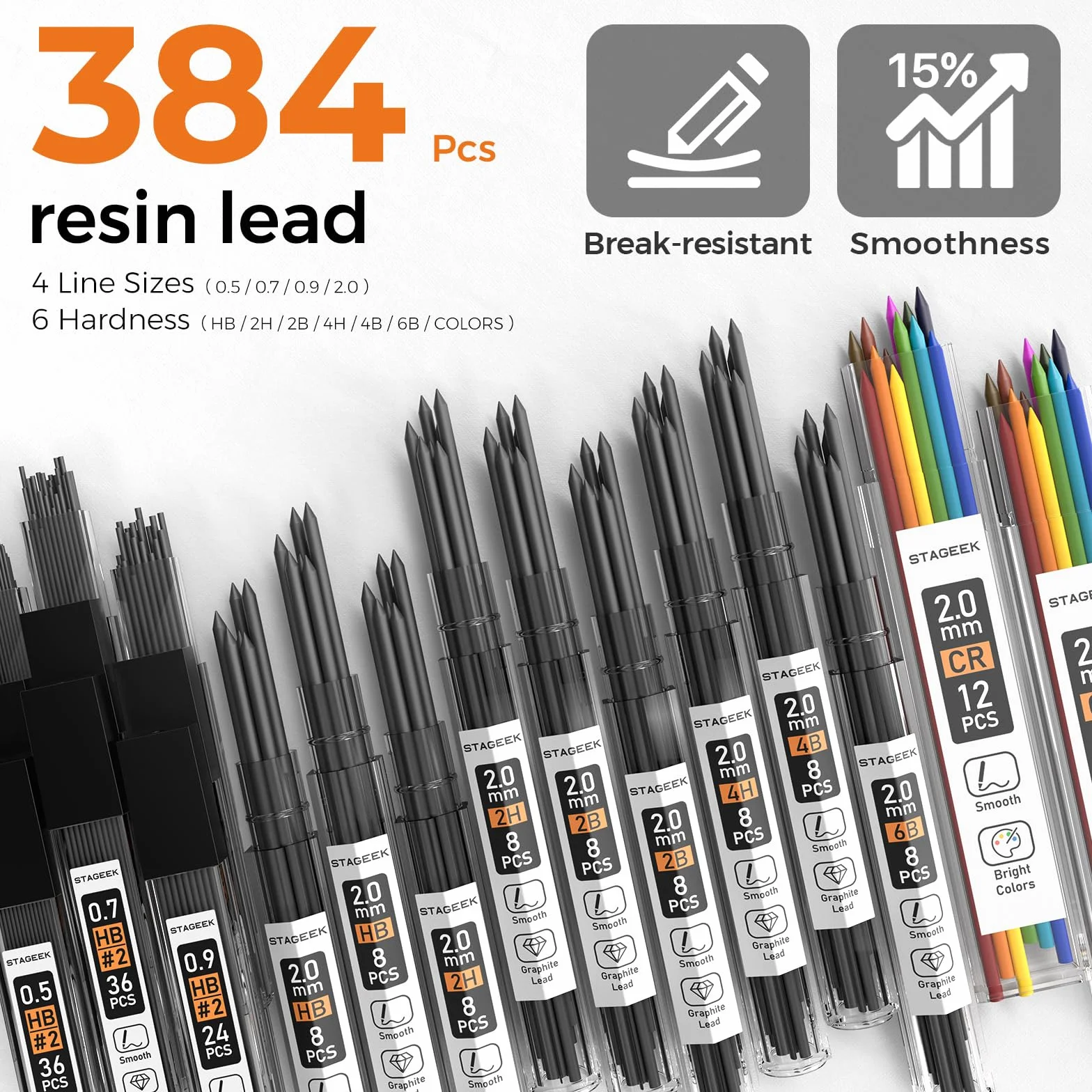 STAGEEK Zestaw czarnych ołówków mechanicznych 0,5 0,7 0,9 2,0 mm grafitowy metalowy 384 szt.