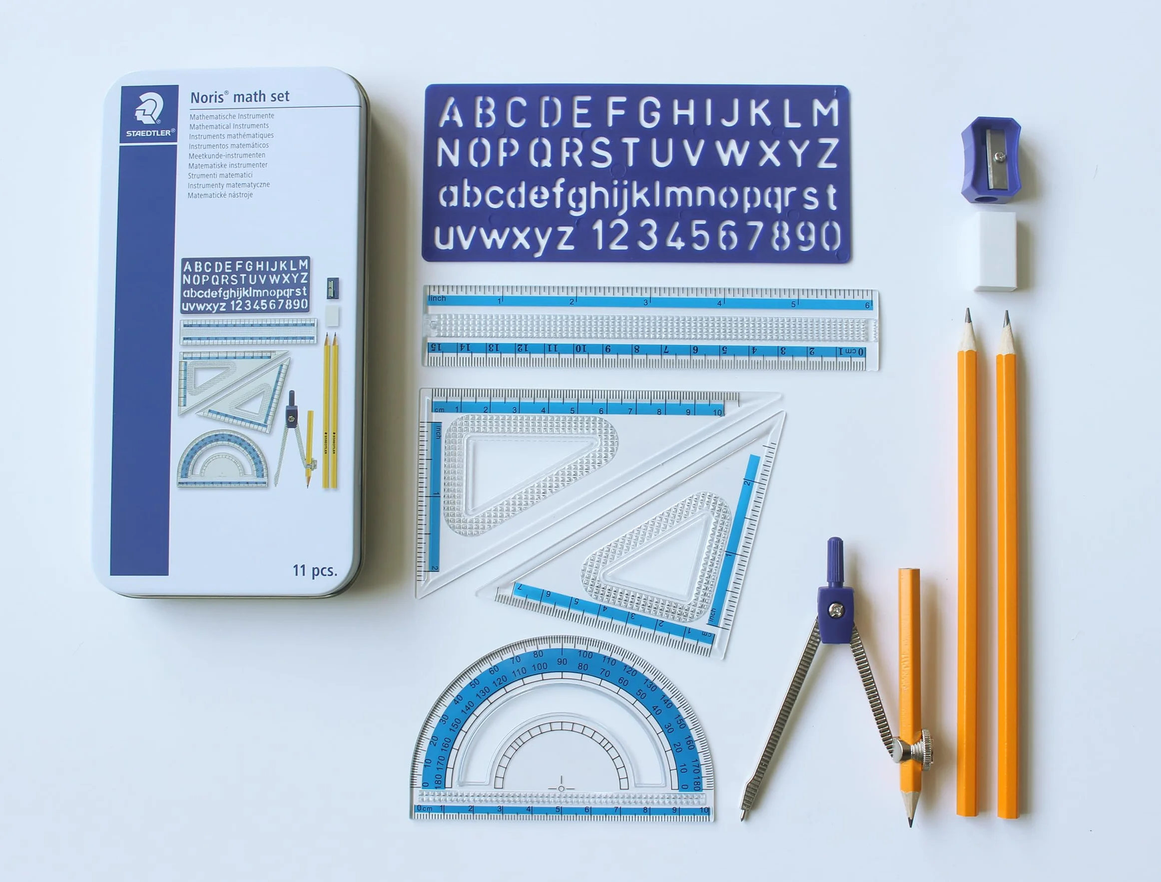STAEDTLER® 557 11 zestaw geometryczny, 11-częściowy zestaw ze wszystkimi niezbędnymi produktami, wytrzymałe metalowe etui, 557 11