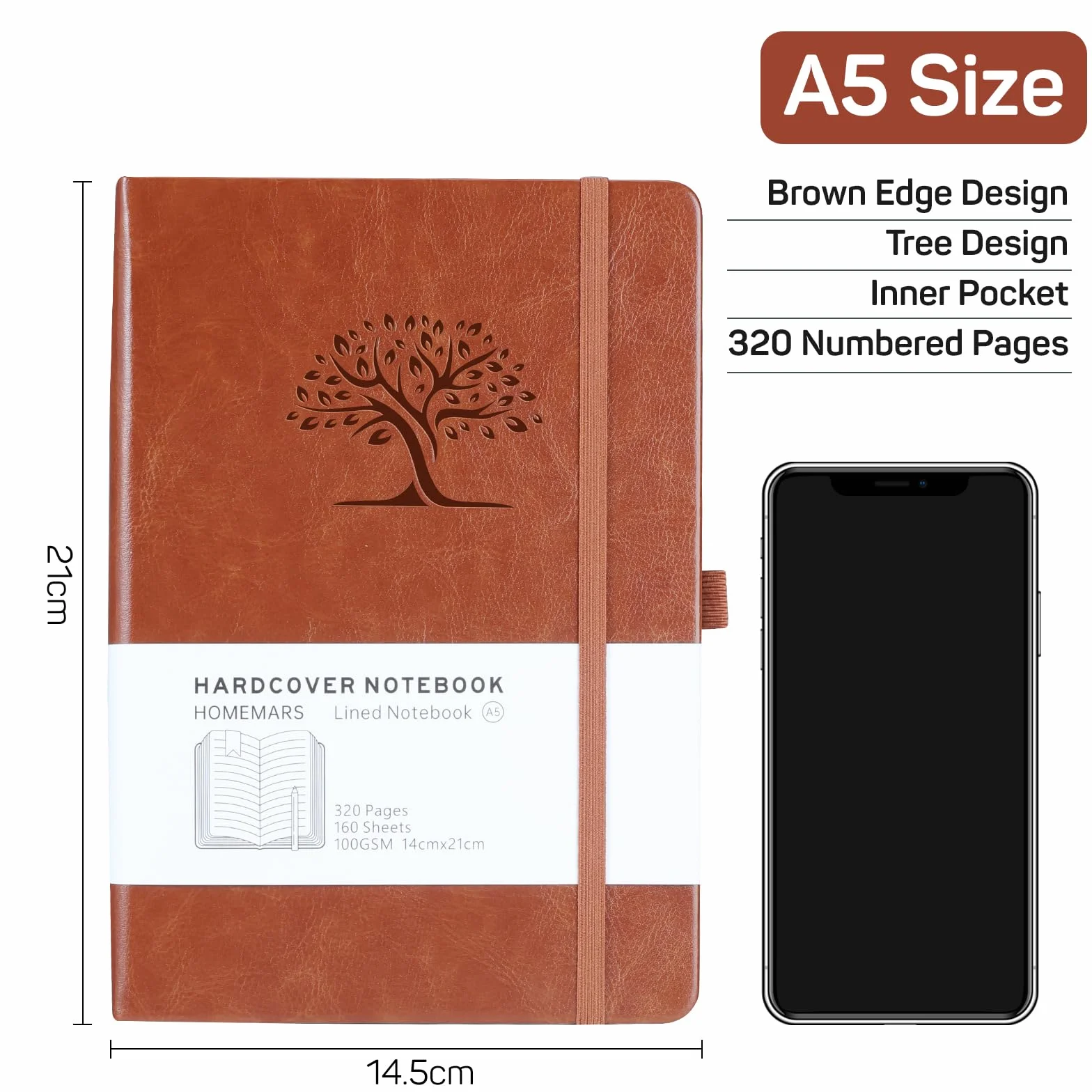 HOMEMARS Notatnik A5 w Linie 320 Stron 100GSM Skórzany
