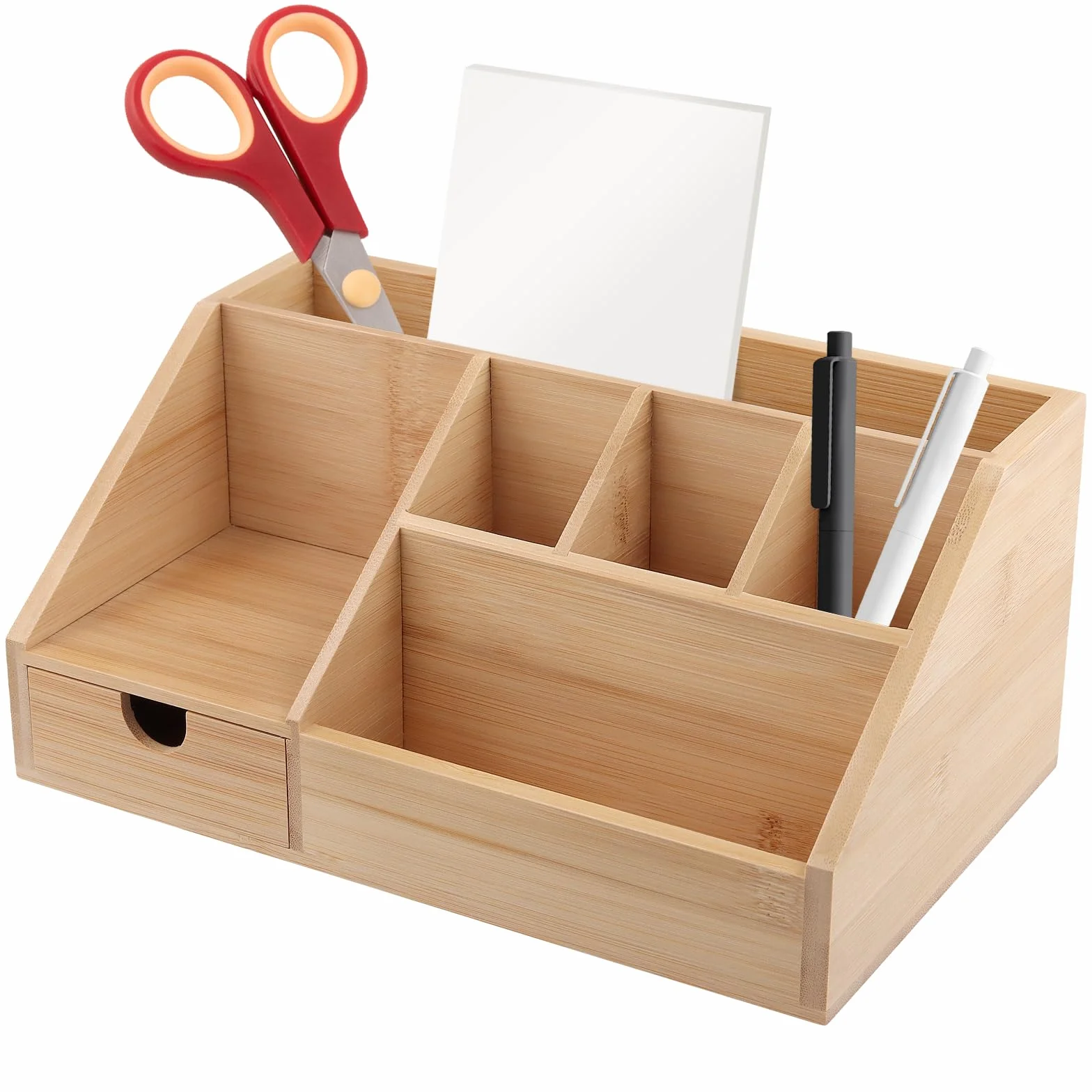 SINJEUN Drewniany organizer na biurko z szufladą i uchwytem na długopisy, bambusowy, 24,5 x 15 x 11 cm