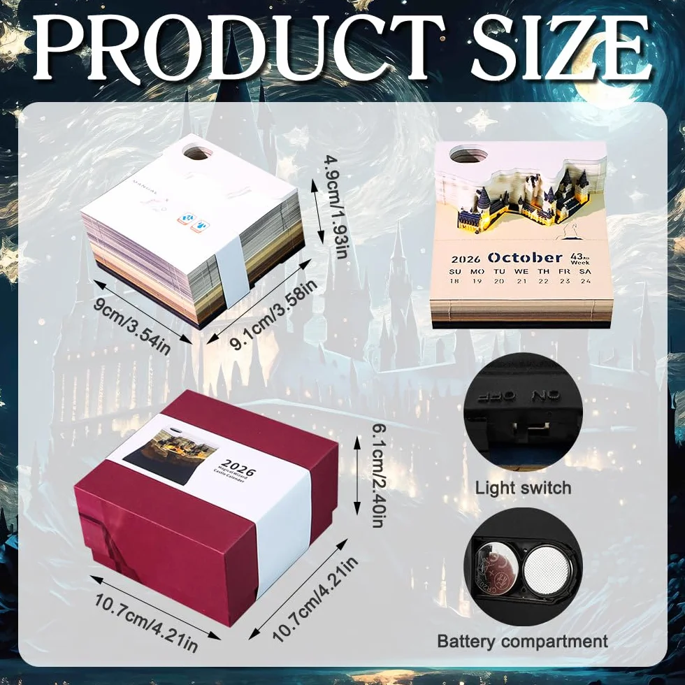 Afenau Kalendarz 3D do rozrywania 2026 9x9x5 cm Blocek notatek Memo z LED Magiczny Zamek