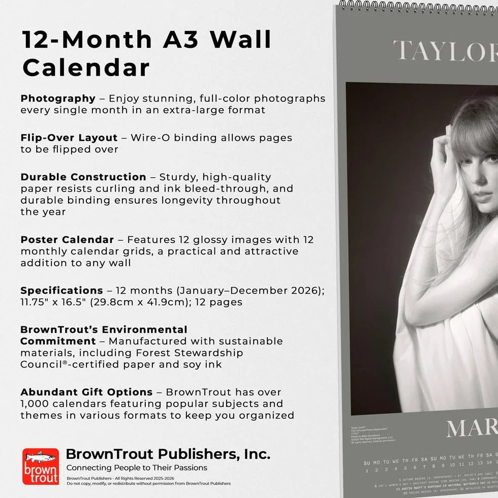 Taylor Swift 2026 Monthly A3 Poster Wall Calendar 11.7 x 16.5 Inch