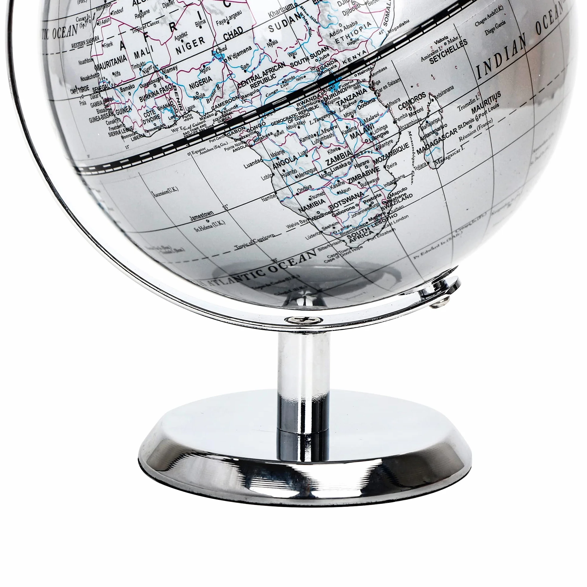 Globus świata srebrny 14 cm mini edukacyjny geograficzny dekoracja biurka stal nierdzewna srebrnoszary