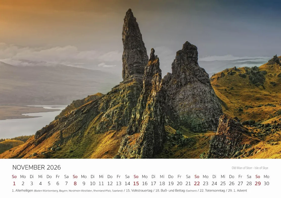 Edition Seidel Kalendarz Premium Oryginalna Szkocja 2026, Format DIN A4, Kalendarz Ścienny Europa Wielka Brytania Edynburg Wyspa Skye Highlands Morze Klify
