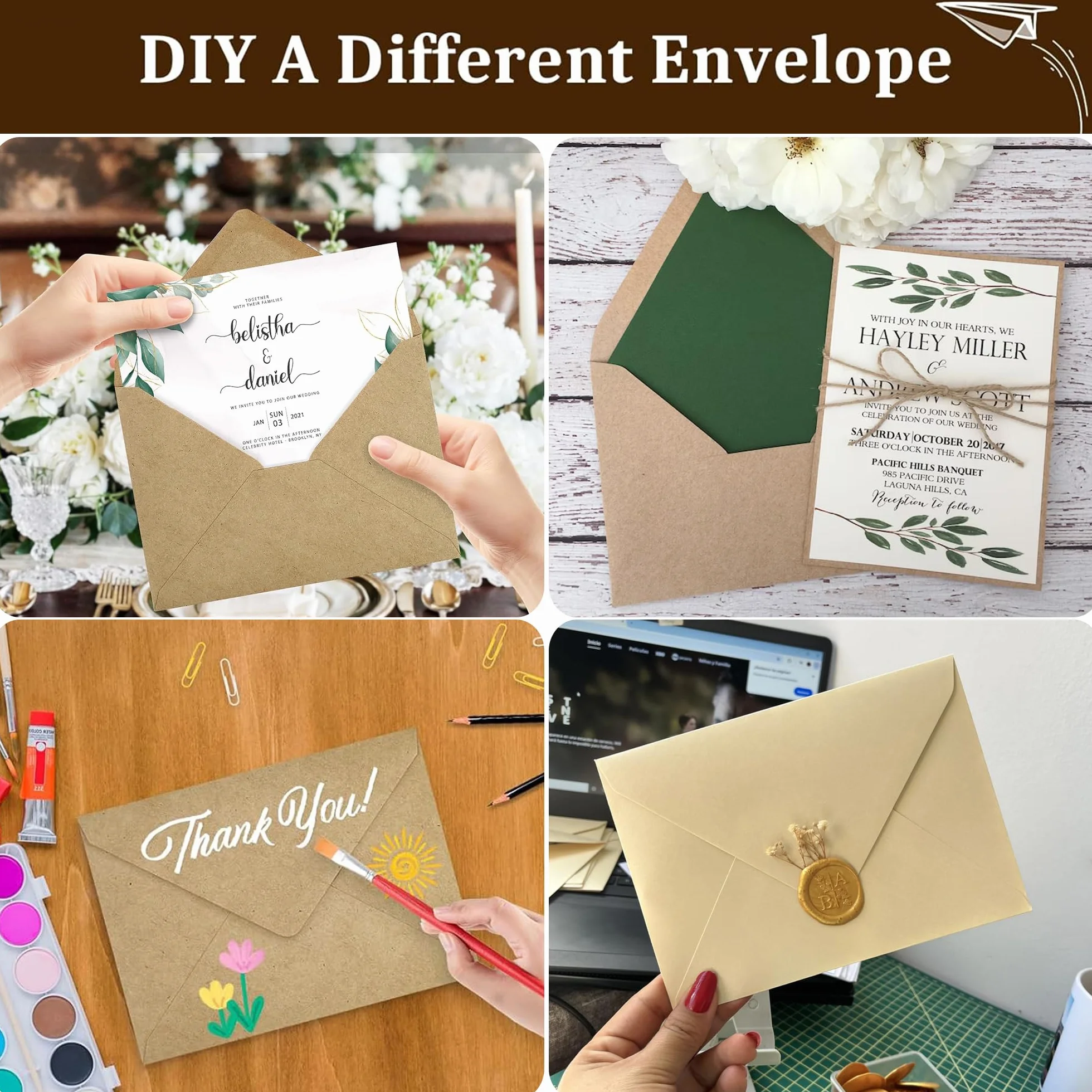 50 sztuk kopert z papieru typu kraft, B6 (17,6 x 12,5 cm), 150 g/m², zaproszenia ślubne o eleganckim wzornictwie, do planowania imprez, projektantów dla miłośników rzemiosła