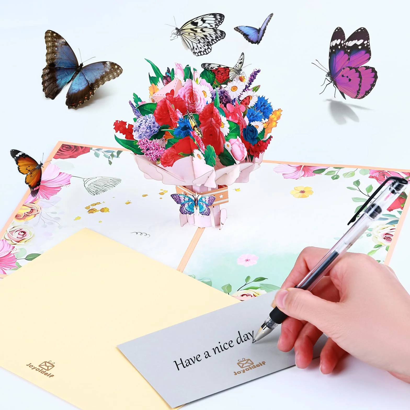 Joyoldelf Kartka Pop Up z bukietem kwiatów, kartka urodzinowa 3D z kopertą i kwiatami dla kobiety, przyjaciółki i mamy, kartka z kwiatami kartki z życzeniami na urodziny, podziękowania, rocznicę