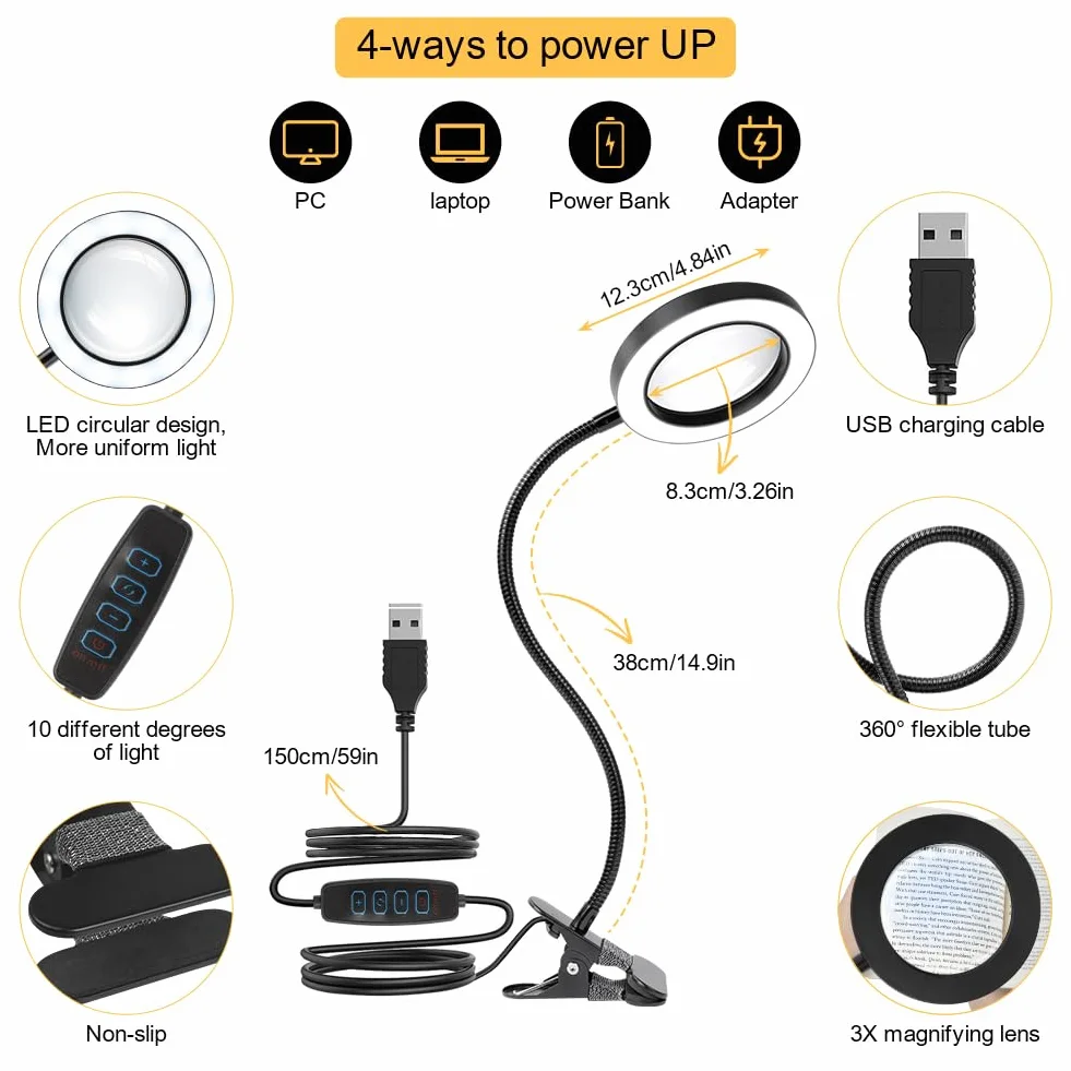 URAQT Lupa ze światłem i stojakiem, lampa powiększająca 3-krotnie 360° elastyczna ściemnialna LED lampka z lupą 3 temperatury barwowe 10 poziomów jasności szkło powiększające lupa do czytania lampa