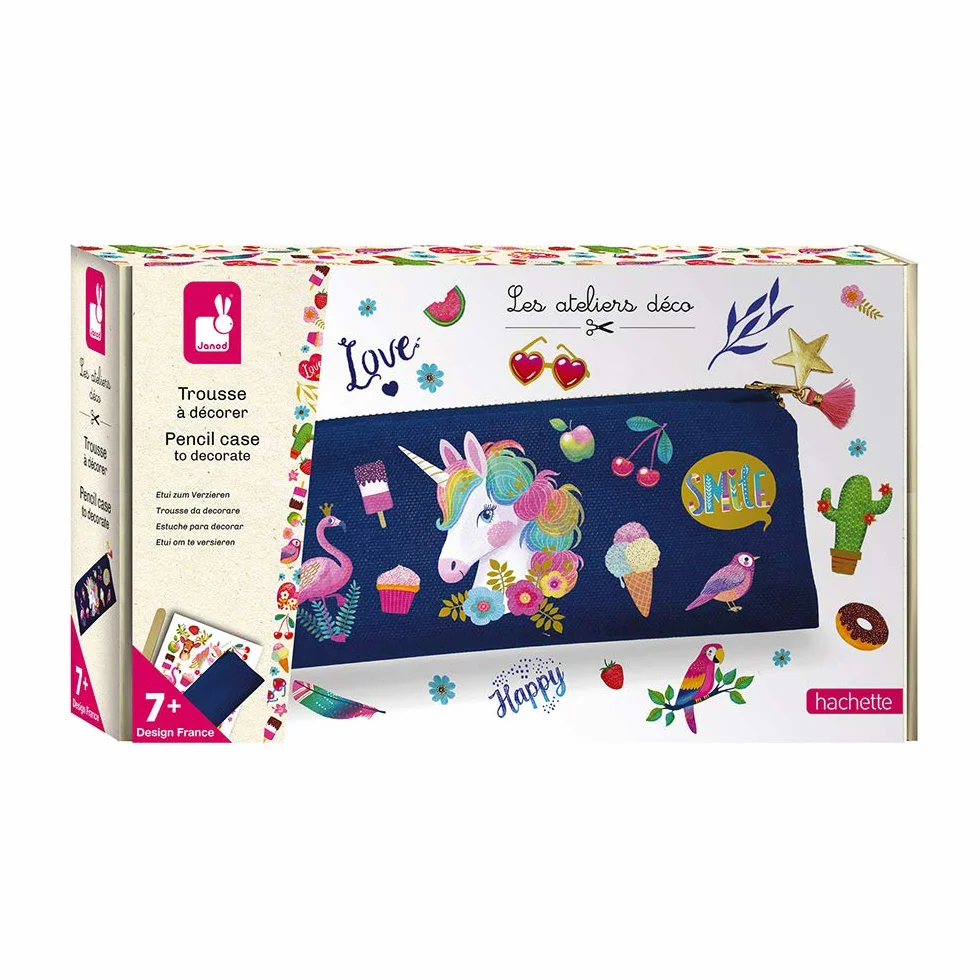Janod - Pencil Case to Decorate and Customise - Les Ateliers Déco - Childrens Creative Leisure Kit - Teaches Fine Motor Skills and Concentration - Suitable for ages 7 and up - J07917