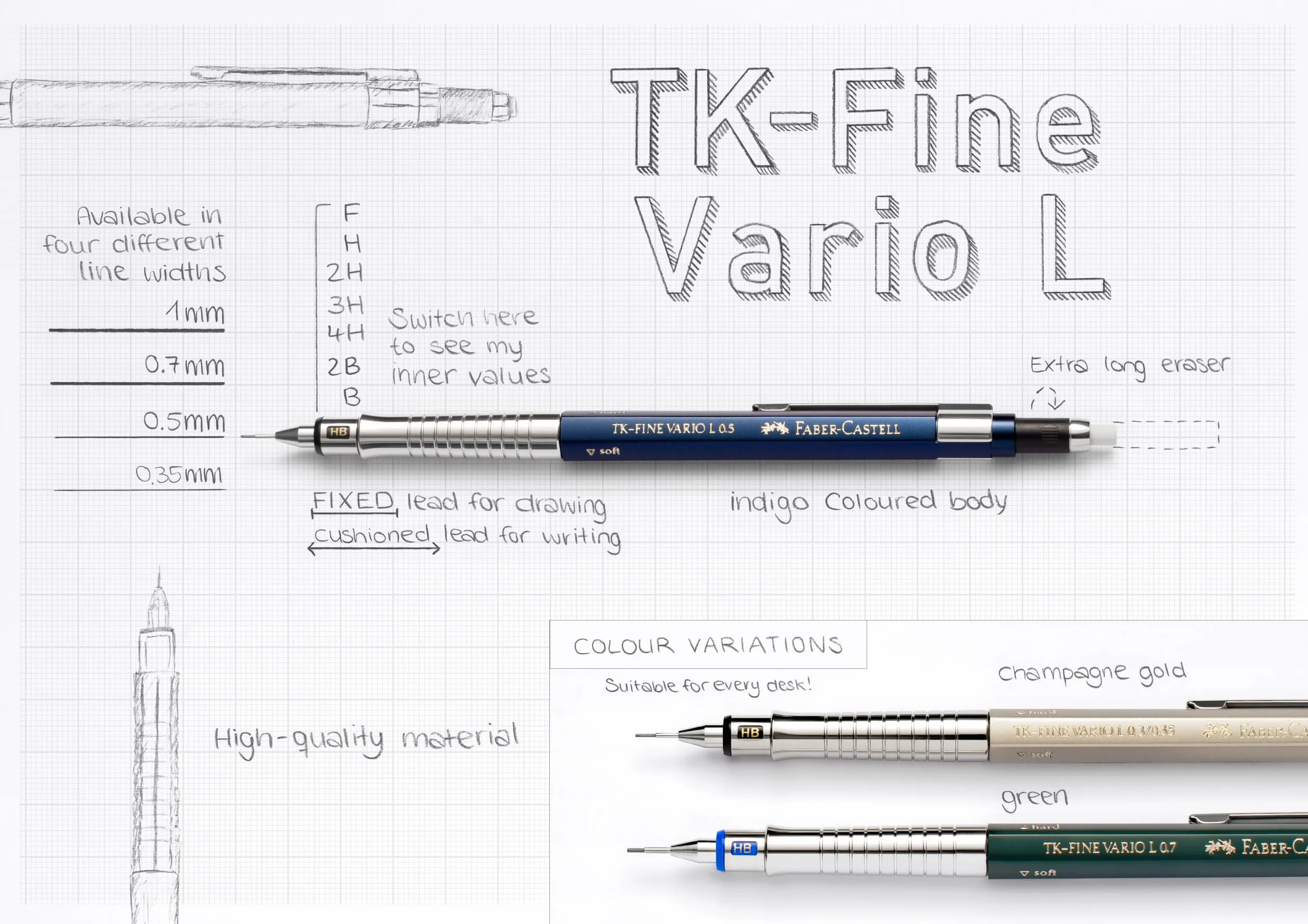 Faber-Castell 135542 - ołówek automatyczny TK-Fine Vario L 0,5 mm, indygo, ołówek minowy z mechanizmem miękkim/twardym