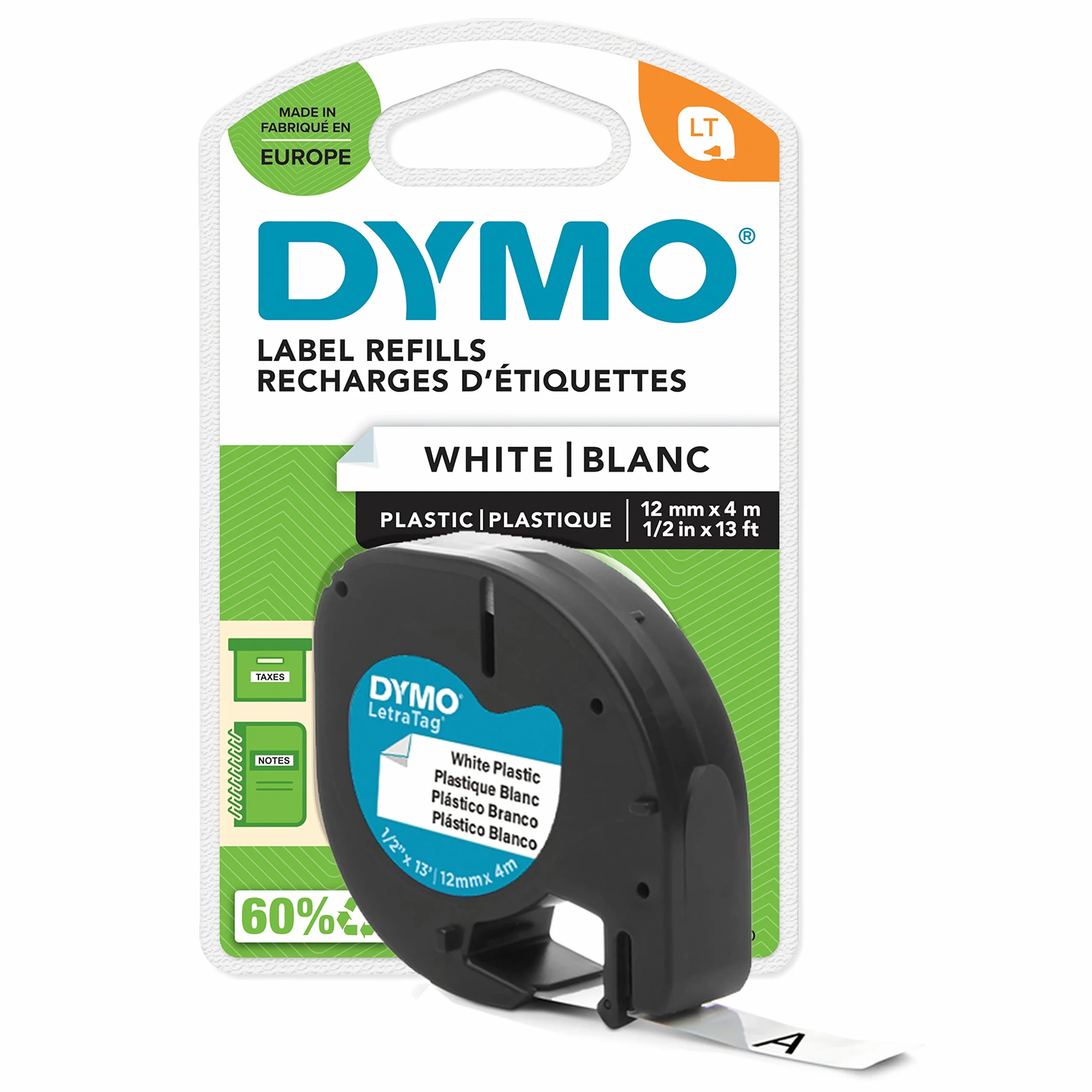 Etykiety DYMO LetraTag z tworzywa sztucznego | Oryginalne | Rolka 12 mm x 4 m | Czarny nadruk na białej etykiecie | Samoprzylepne etykiety uniwersalne do drukarek etykiet LetraTag | 1 sztuka