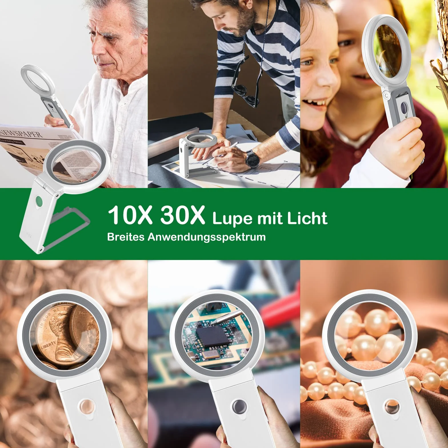Lupa ze światłem i stojakiem, 30 x 10 x składana lupa do czytania z 18 diodami LED, ściemniana, duża szklana lupa ręczna, lupa biurkowa dla seniorów, jubilerów, rzemiosła, książek, monet, zwyrodnienia