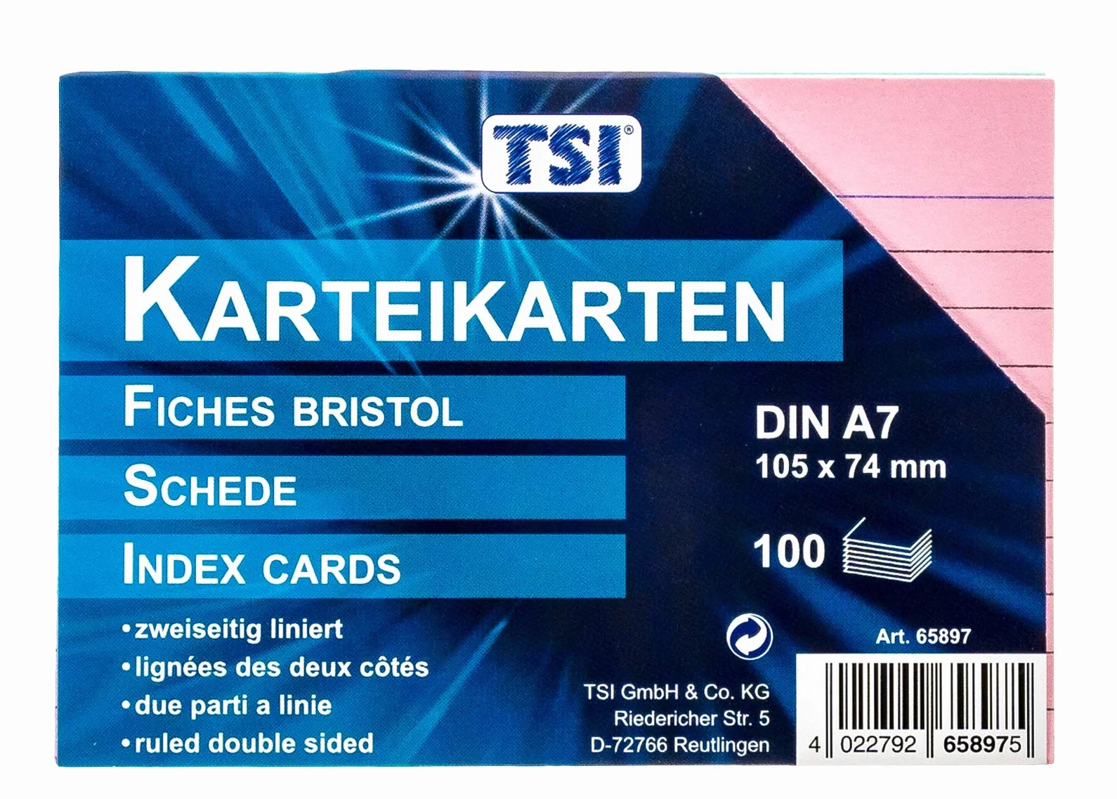TSI Fiszki sortowane pod względem koloru, opakowanie 100 sztuk, w linie, rozmiar: DIN A7 (105 x 74 mm), nr art. 65897