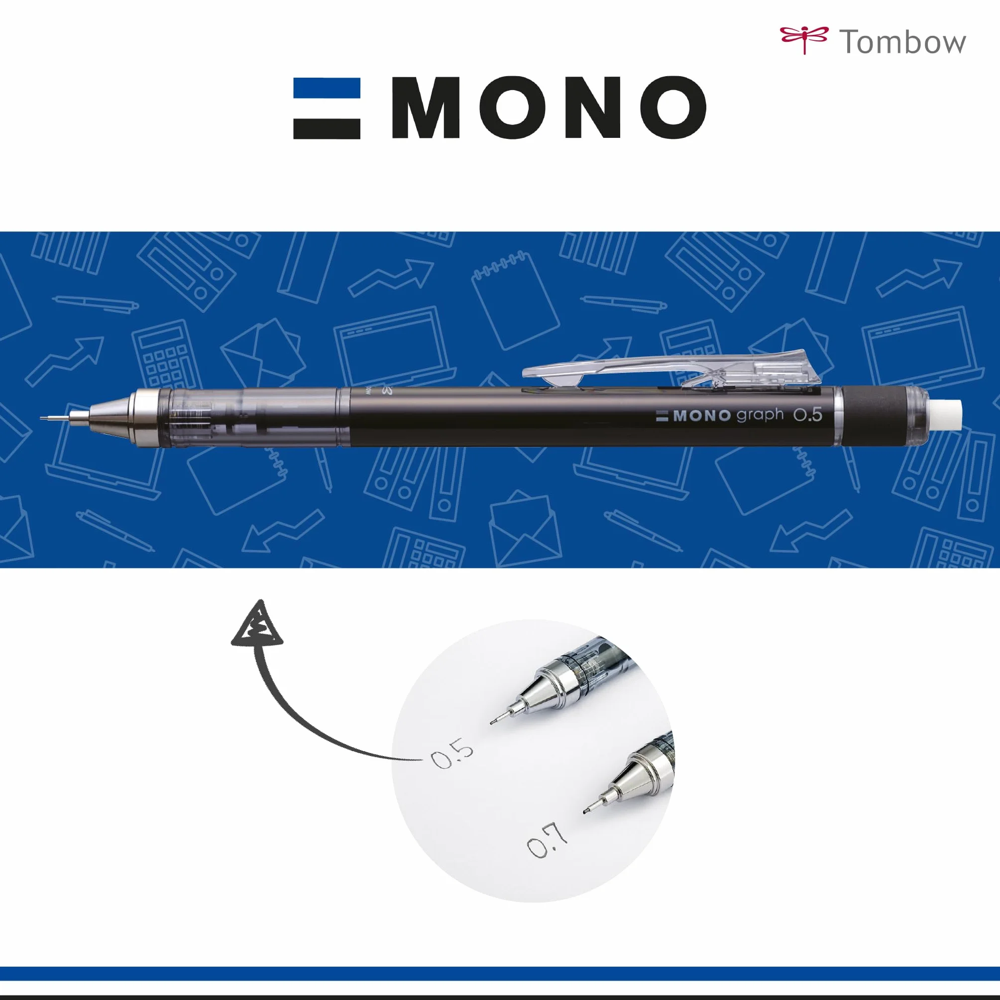 Tombow Ołówek mechaniczny MONO graph 05 matowy fioletowy, grubość kreski 0,5 mm, HB, zintegrowana gumka do ścierania [SH-MG92]