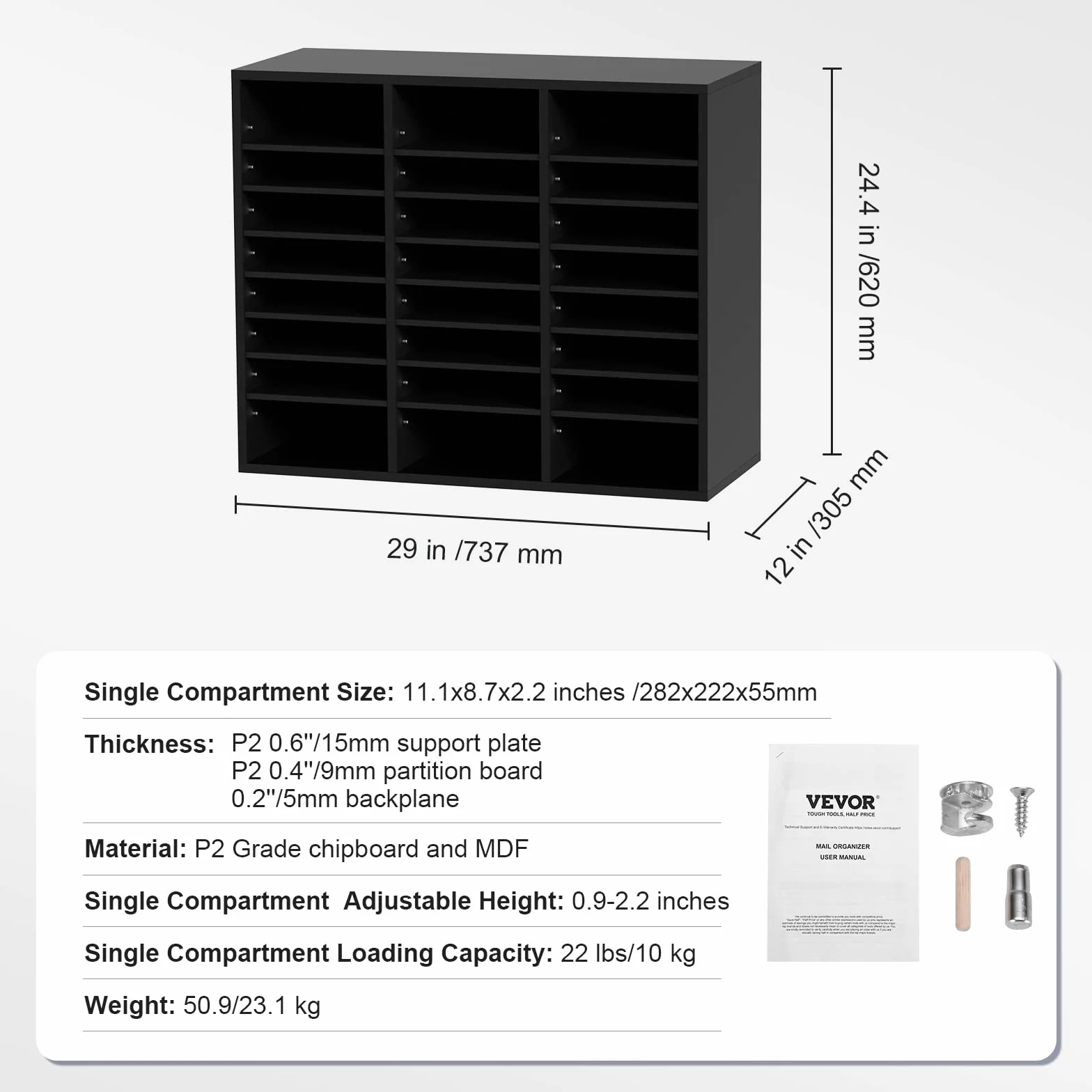 VEVOR Drewniany Organizator Literatury Płyta wiórowa Stojak do przechowywania dokumentów 24 przegródek 73,7x30,5x62 cm Klasyfikator literatury z regulowanymi półkami biurowymi, Czarny