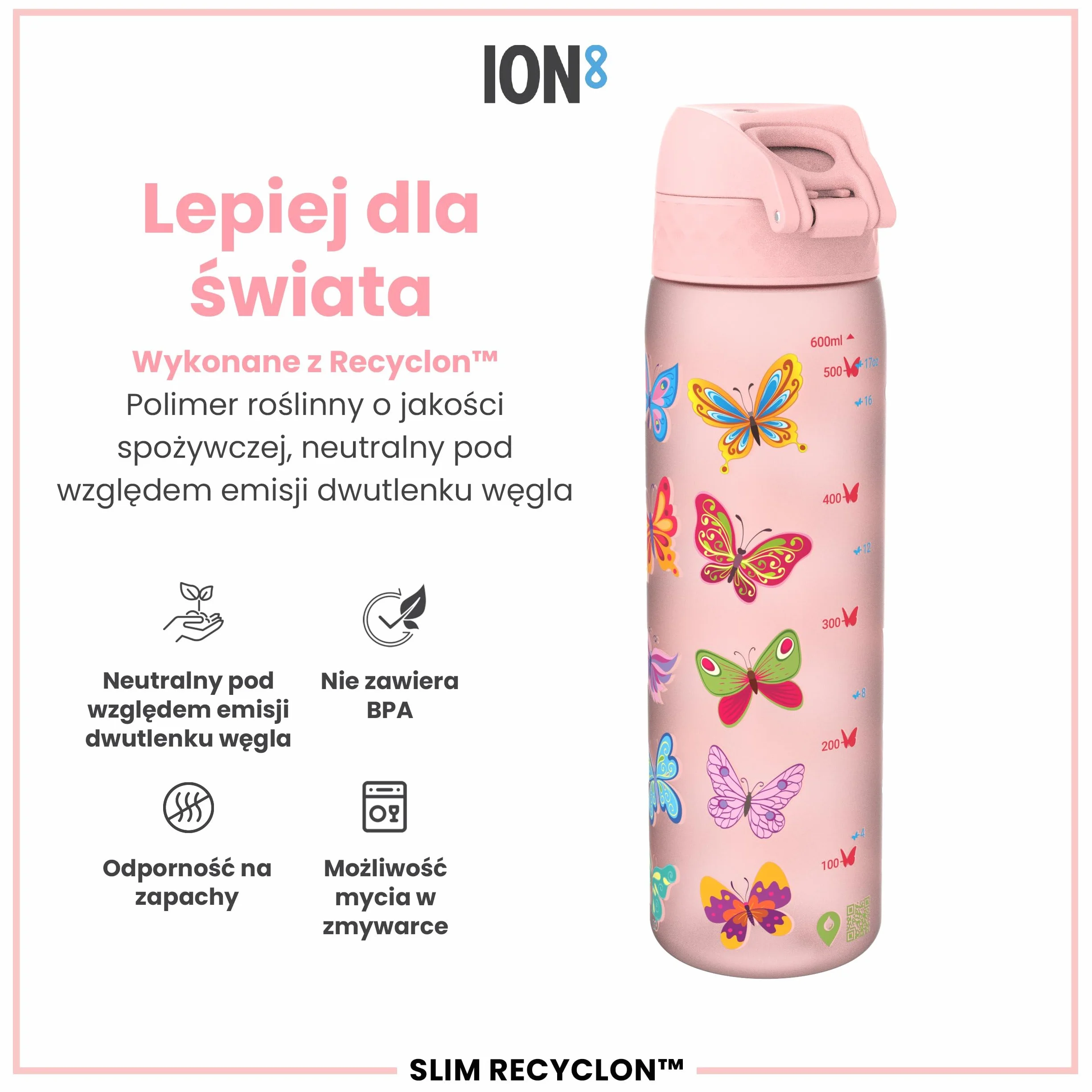 ION8 Butelka na Wodę, 500 ml/18 oz, Szczelna, Łatwe Otwieranie, Bezpieczny Zamek, Można Myć w Zmywarce, Bez BPA, Higieniczne Pokrycie, Uchwyt do Przenoszenia, Łatwa Czyszczenie, Bezwonny, Motyle