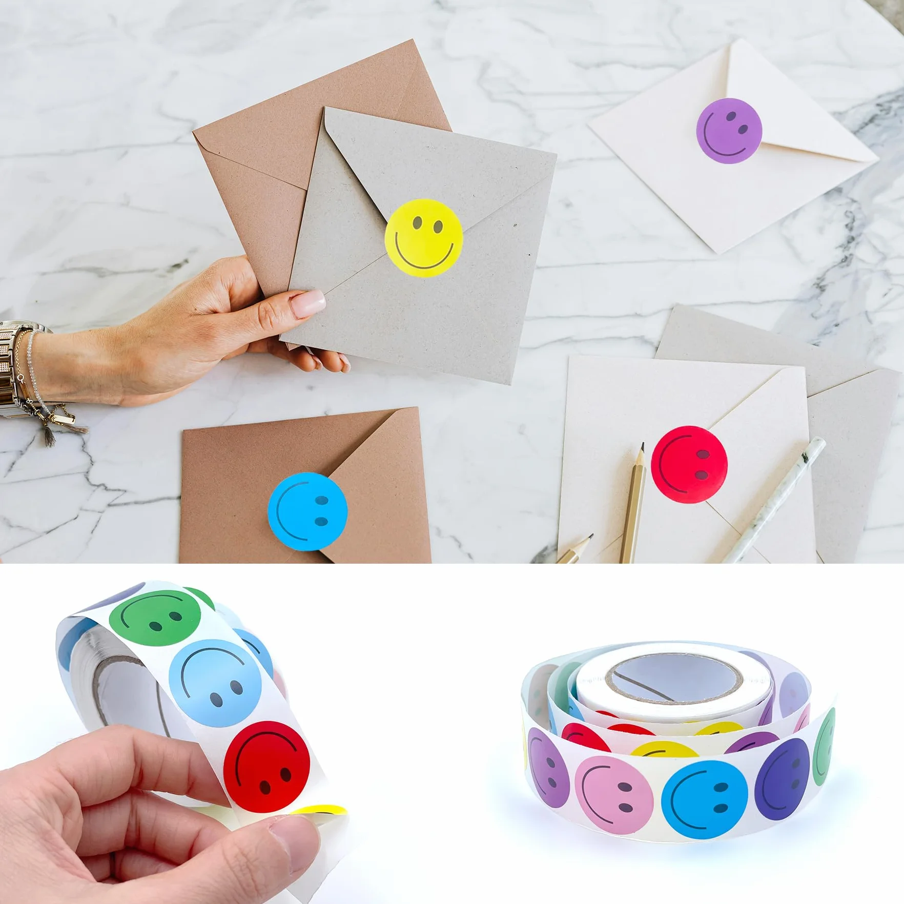 Naklejki Smiley 25 mm 1000 sztuk 2 rolki 8 kolorów samoprzylepne okrągłe naklejki nagradzające