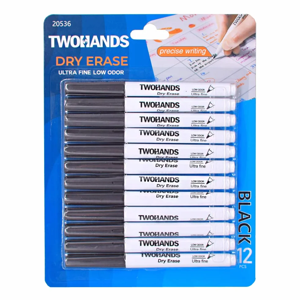TWOHANDS Dry Erase Markers Ultra Fine Tip, 0.7mm, Niski zapach, Extra Fine Point, Czarny, Biały Pióro do Szkoły, Biura lub Planowania Whiteboard,12 Liczba,20536