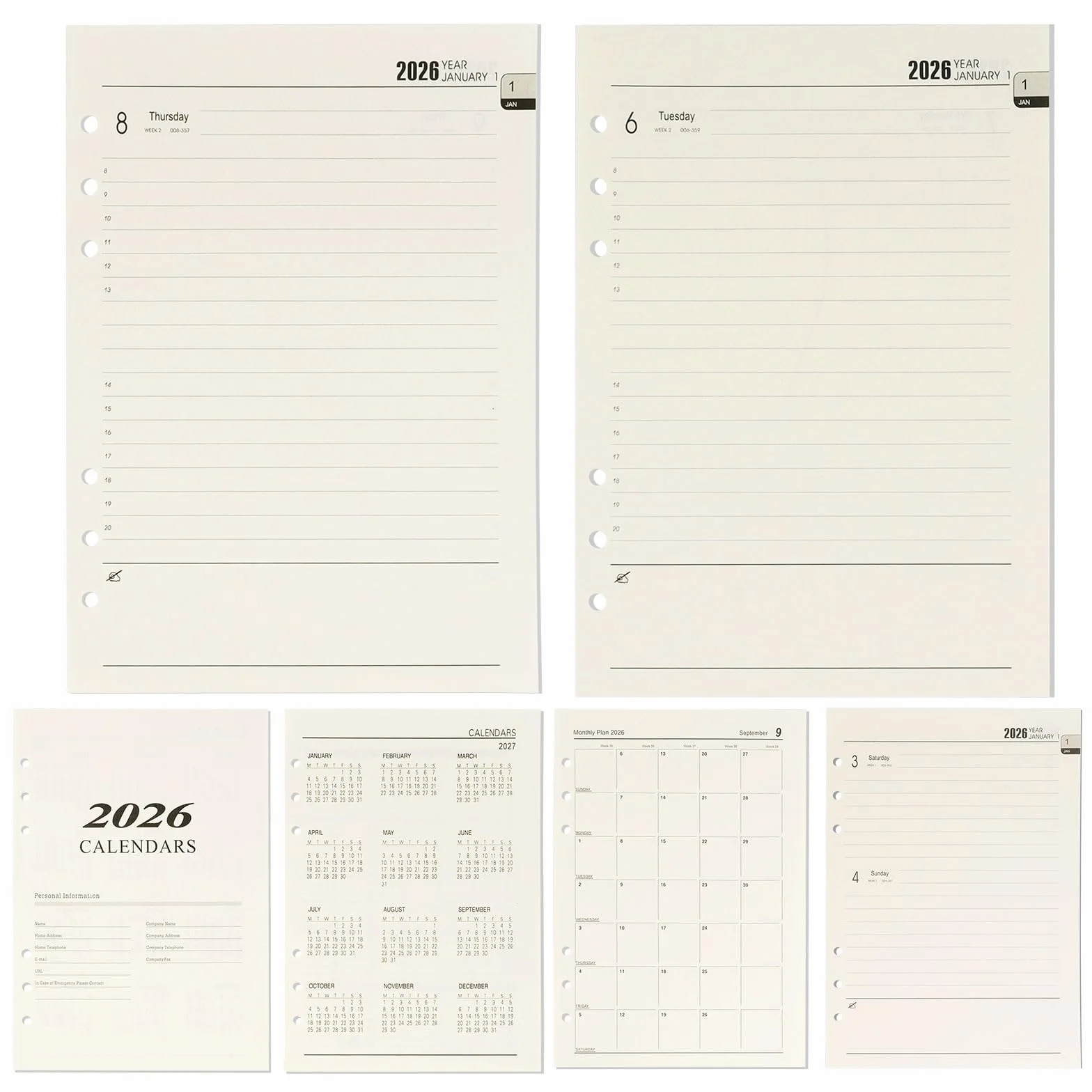 Planer tygodniowy 2026, wkład A5, planer tygodniowy 2026, wkład A5, 6 otworów, 176 stron, wkład do kalendarza 2026, 139 x 206 mm, papier uzupełniający do planerów, pamiętników, projektów "zrób to sam"