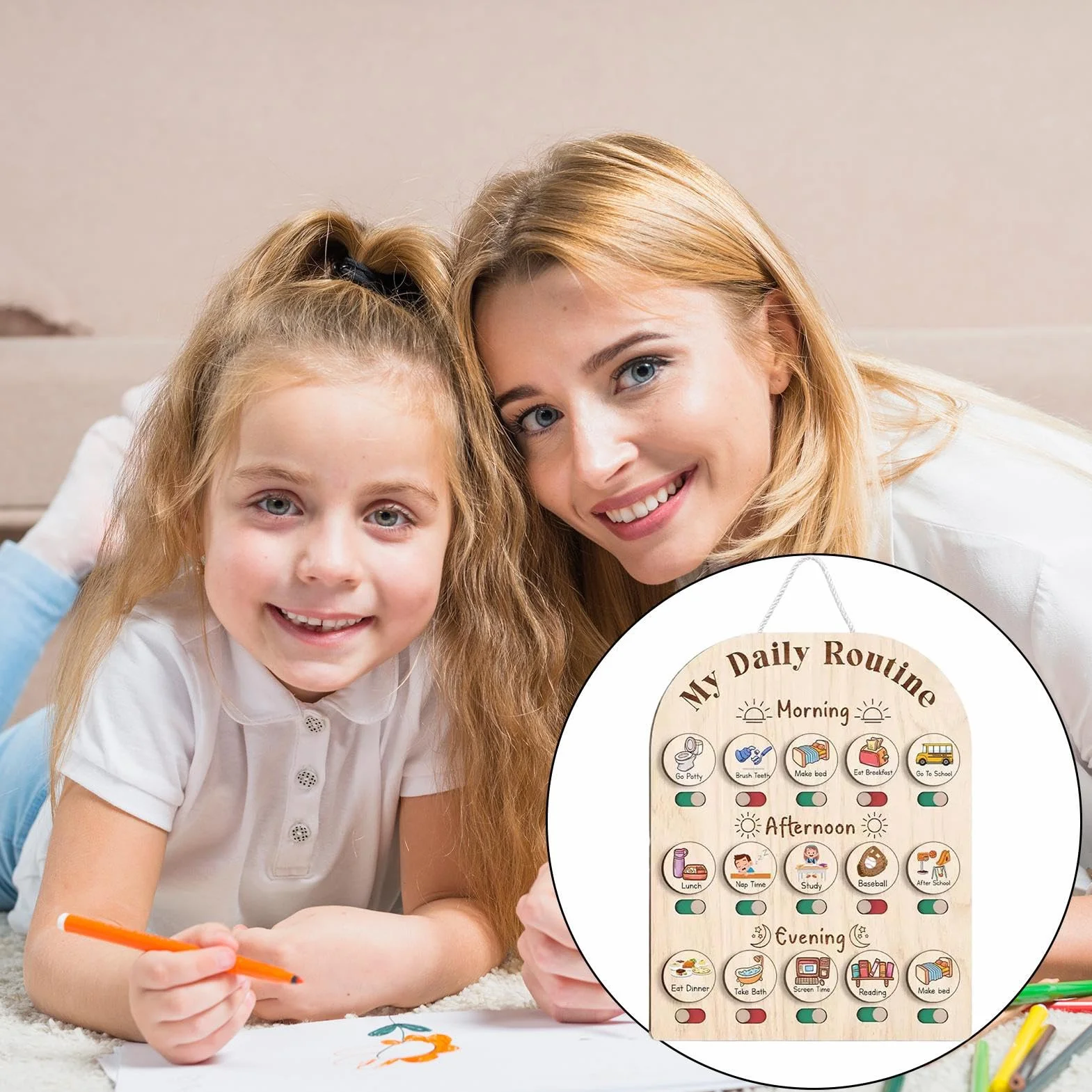 Kids Daily Routine Chart, Wooden Visual Planner Board, Educational Morning Bedtime Organizer for, Preschool Learning Toy, Home Schooling Aid, Classroom Supplies Childhood