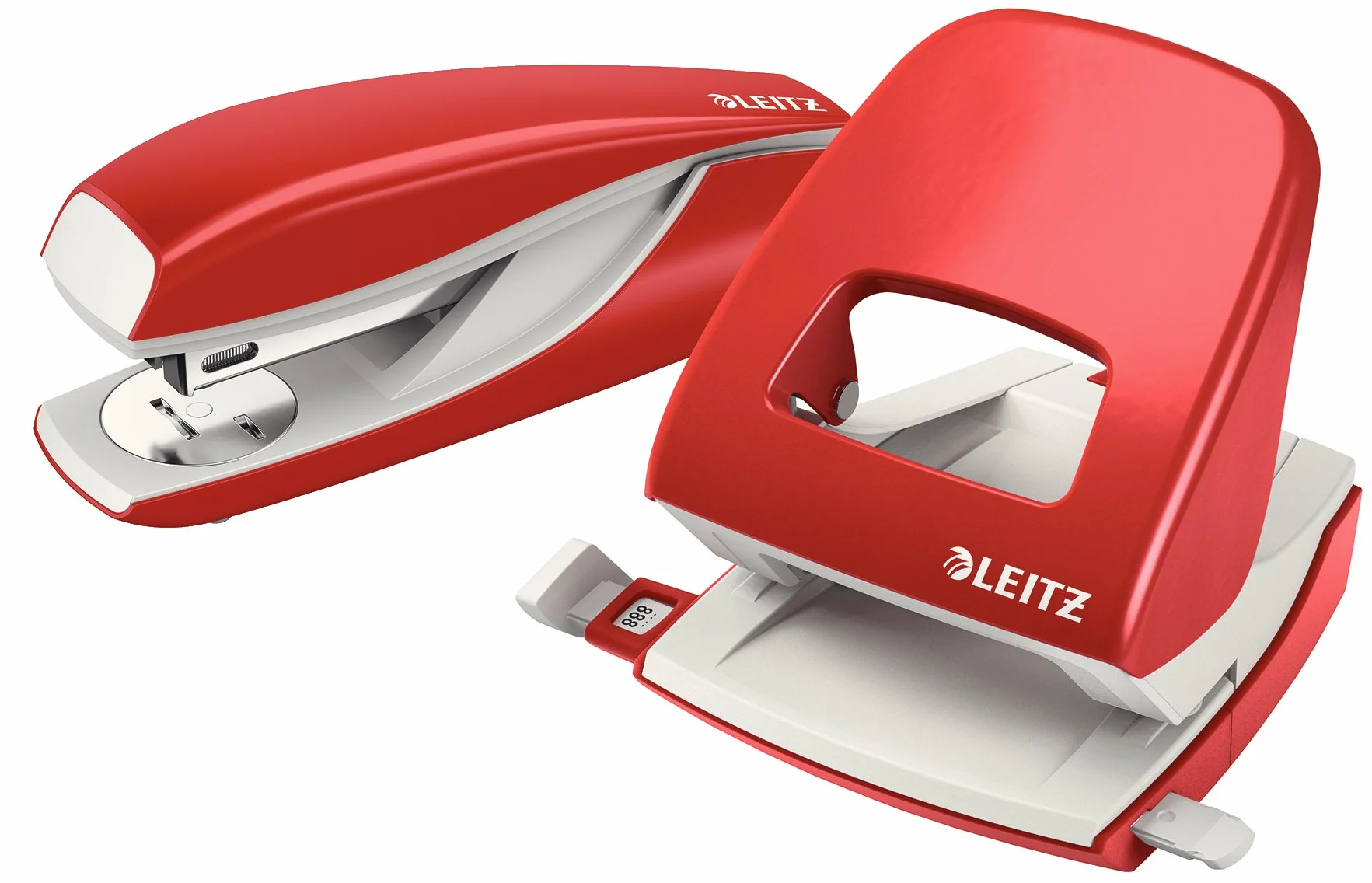 Leitz 50080025 dziurkacz biurowy z metalu, na 30 arkuszy, szyna ograniczająca z formatem, ergonomiczny design, czerwony, 50080025