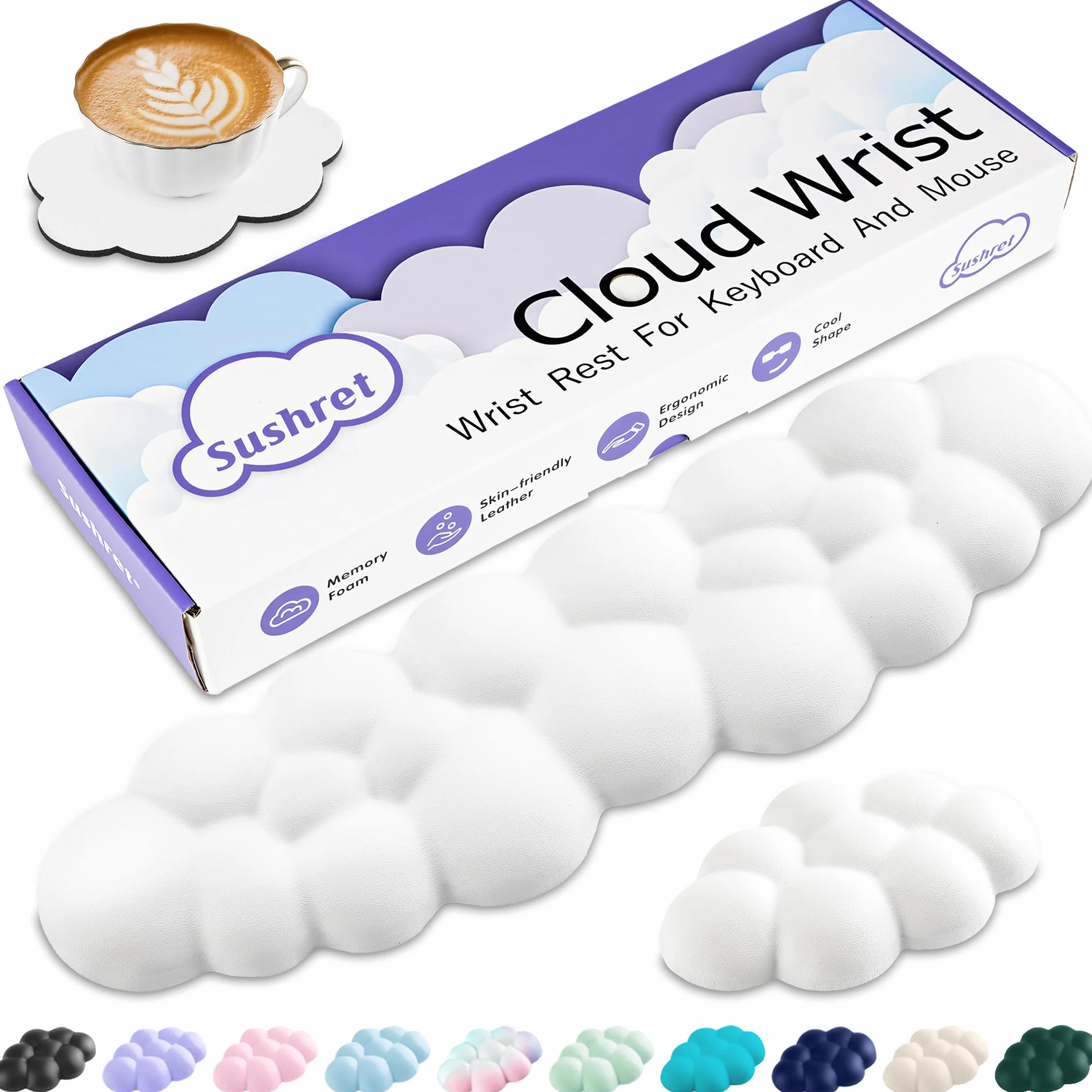 Sushret Podkładka pod nadgarstek Cloud do klawiatury, zestaw podkładek pod nadgarstek z pamięcią kształtu z skóry PU, urocza podkładka pod nadgarstek do wsparcia nadgarstka i podłokietnika, biurowa
