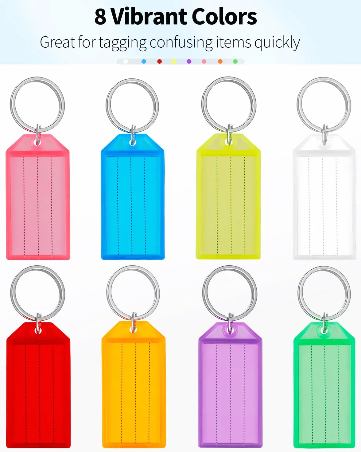 Uniclife 20 sztuk Przywieszki do kluczy 5 cm Plastikowe Przywieszki do łańcucha kluczy z przezroczystymi etykietami i dzielonymi pierścieniami, stabilne identyfikatory przedmiotów, 8 kolorów