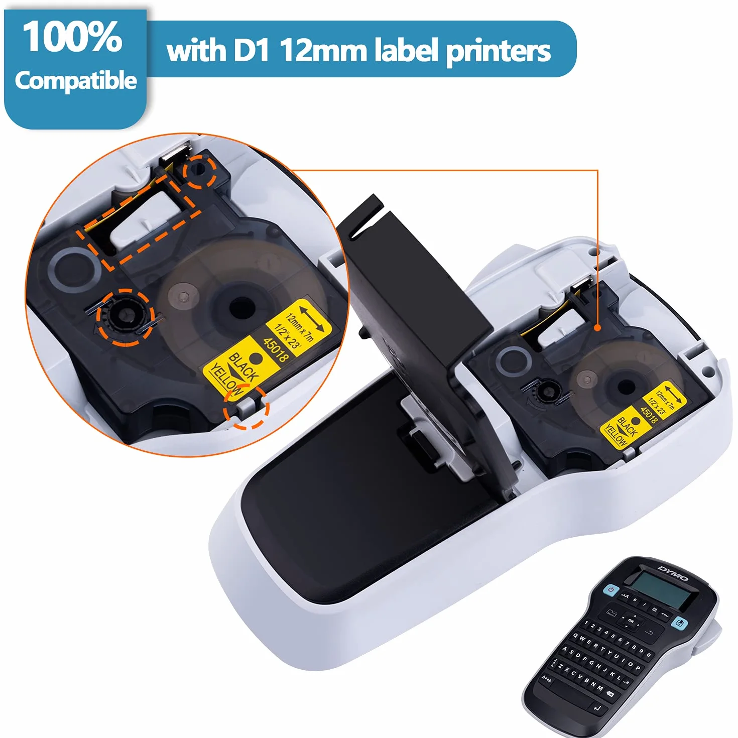 7x Hehua D1 12mm Zamiennik Taśmy do Dymo D1 45013 (2PK) 45010 45016 45017 45018 45019, Kompatybilna z Dymo LabelManager 160 210D 260P 360D LabelWriter 40D 0 450 Duo (12mm x 7m)