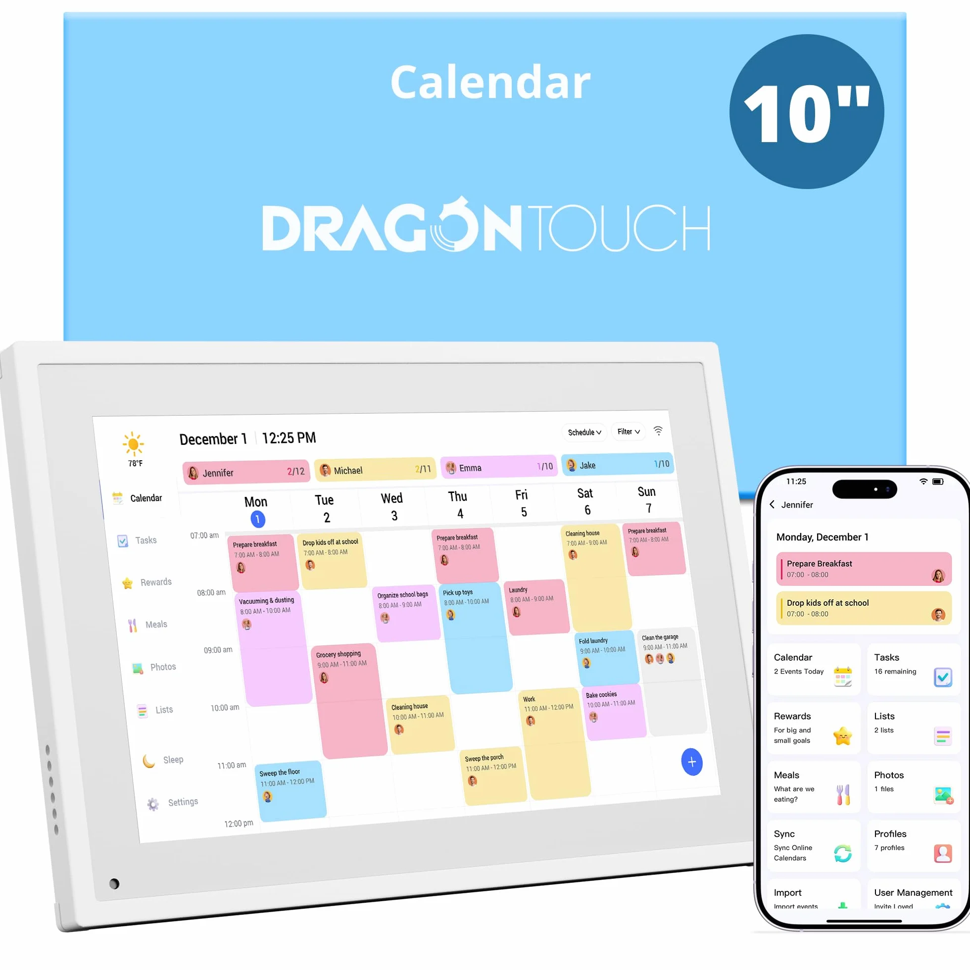 Dragon Touch Cyfrowy kalendarz ścienny 10,1 cala – elektroniczny kalendarz ścienny, planer rodzinny z pamięcią 32 GB, cyfrowy terminarz z ekranem dotykowym, inteligentny kalendarz biurkowy, biały
