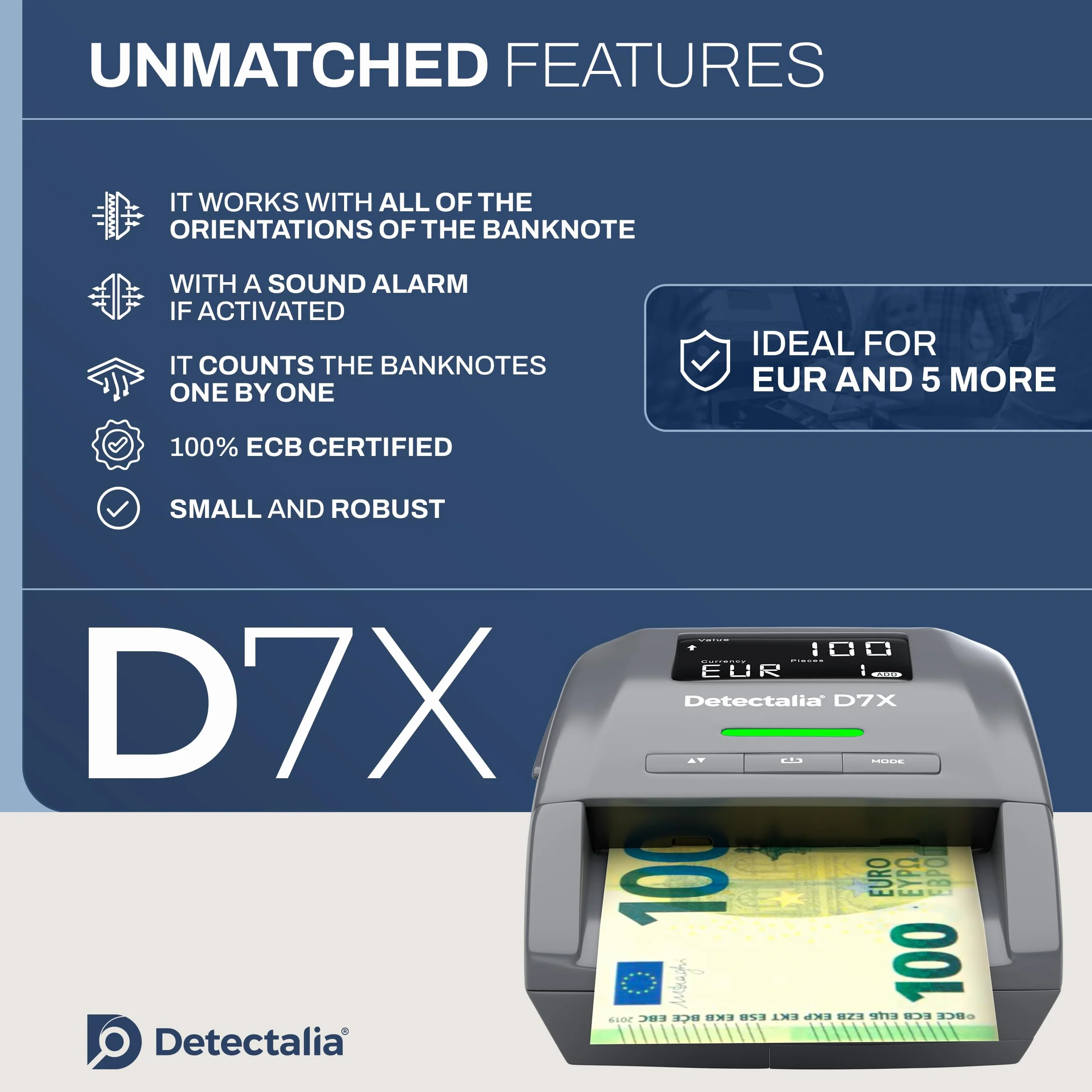 Detectalia D7X tester banknotów i maszyna do liczenia banknotów z 7 kontrolami rozpoznawania euro, gbp, chf, pln, czk, sek