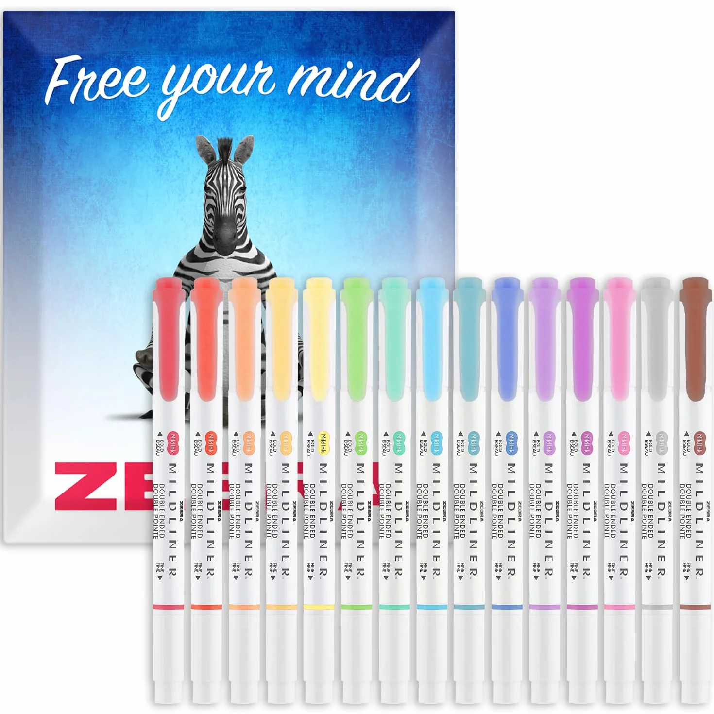 Zebra Pen Mildliner długopisy do podkreślania z podwójną końcówką - szeroka i cienka końcówka, podwójne markery - zestaw kolorów w opakowaniu prezentowym w kopercie - atrament bezkwasowy i