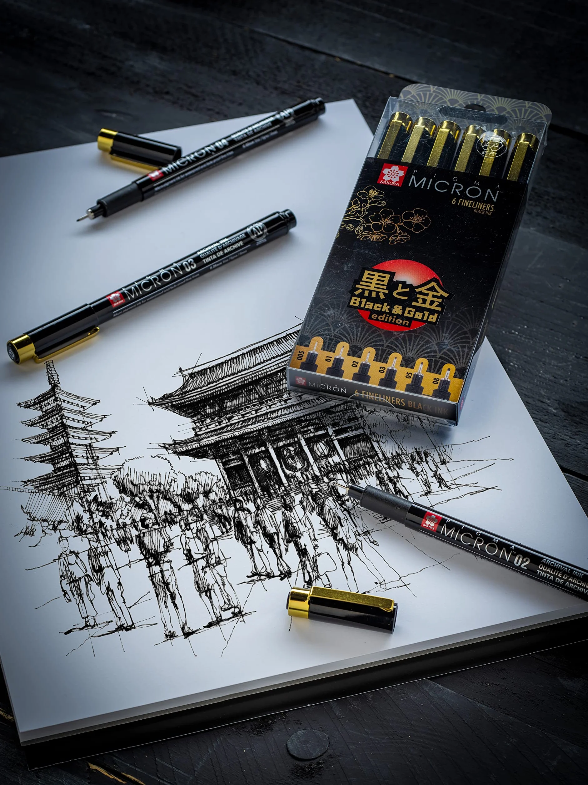 Sakura Pigma Micron Black & Gold Edition zestaw cienkopisów, 6 rozmiarów, czarny