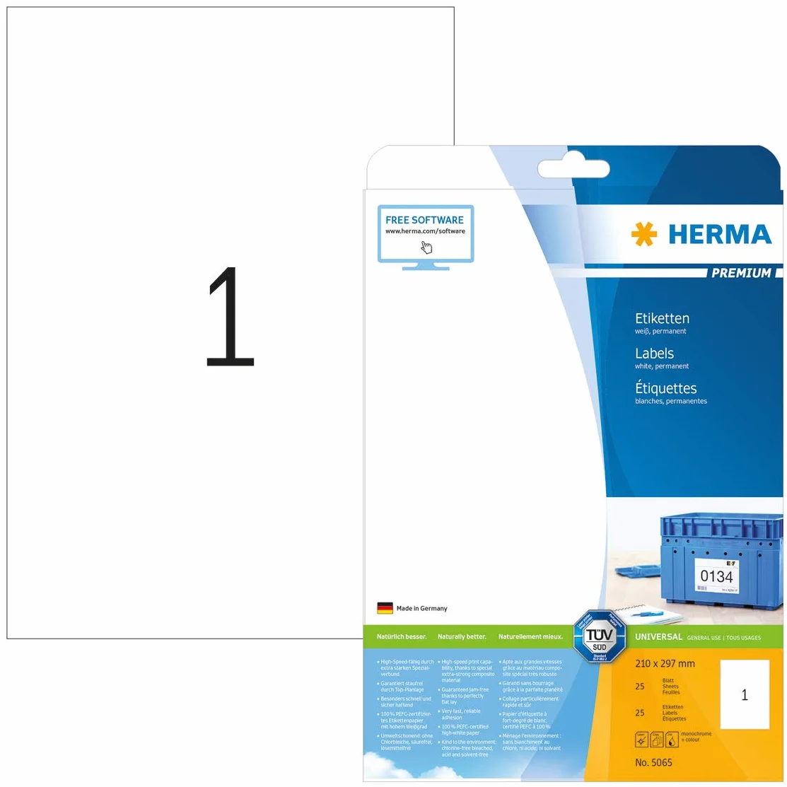 HERMA 5065 Uniwersalne etykiety, 25 arkuszy, 210 x 297 mm, 1 arkusz A4, 25 sztuk, samoprzylepne, nadają się do zadrukowania, matowe, nieprzezroczyste naklejki samoprzylepne, białe