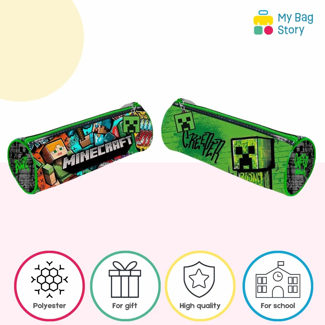 mybagstory | Piórnik Minecraft Blocky Boom 22 cm | Zielony piórnik szkolny dla chłopców z poliestru | Duża pojemność na długopisy i flamastry | Idealny prezent na powrót do szkoły i prezent dla gracza