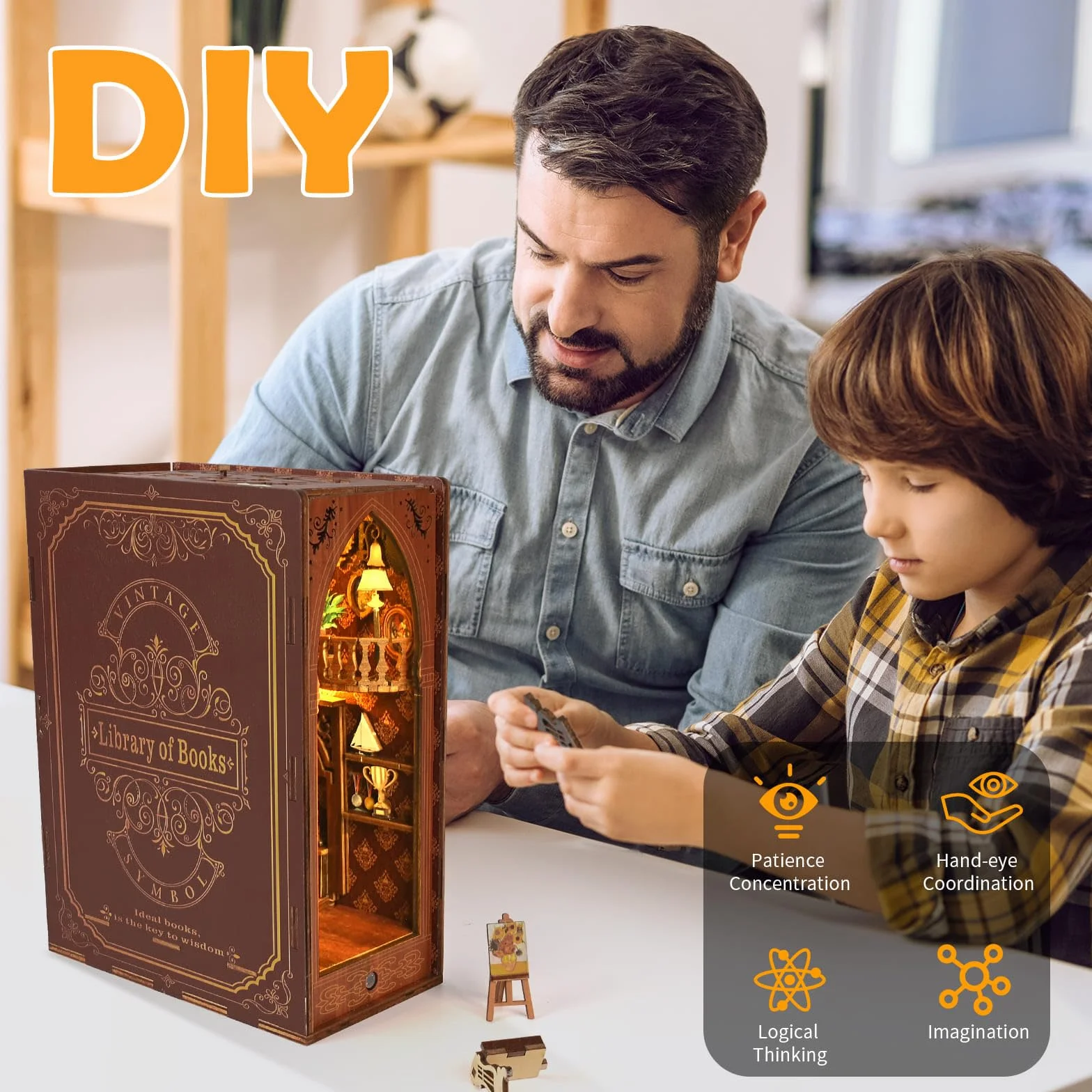 Zestaw do samodzielnego wykonania książek, miniaturowy zestaw do domku dla lalek ze światłem LED, drewniana podpórka do puzzli 3D, kreatywny pomysł na prezent dla dorosłych i młodzieży od 14
