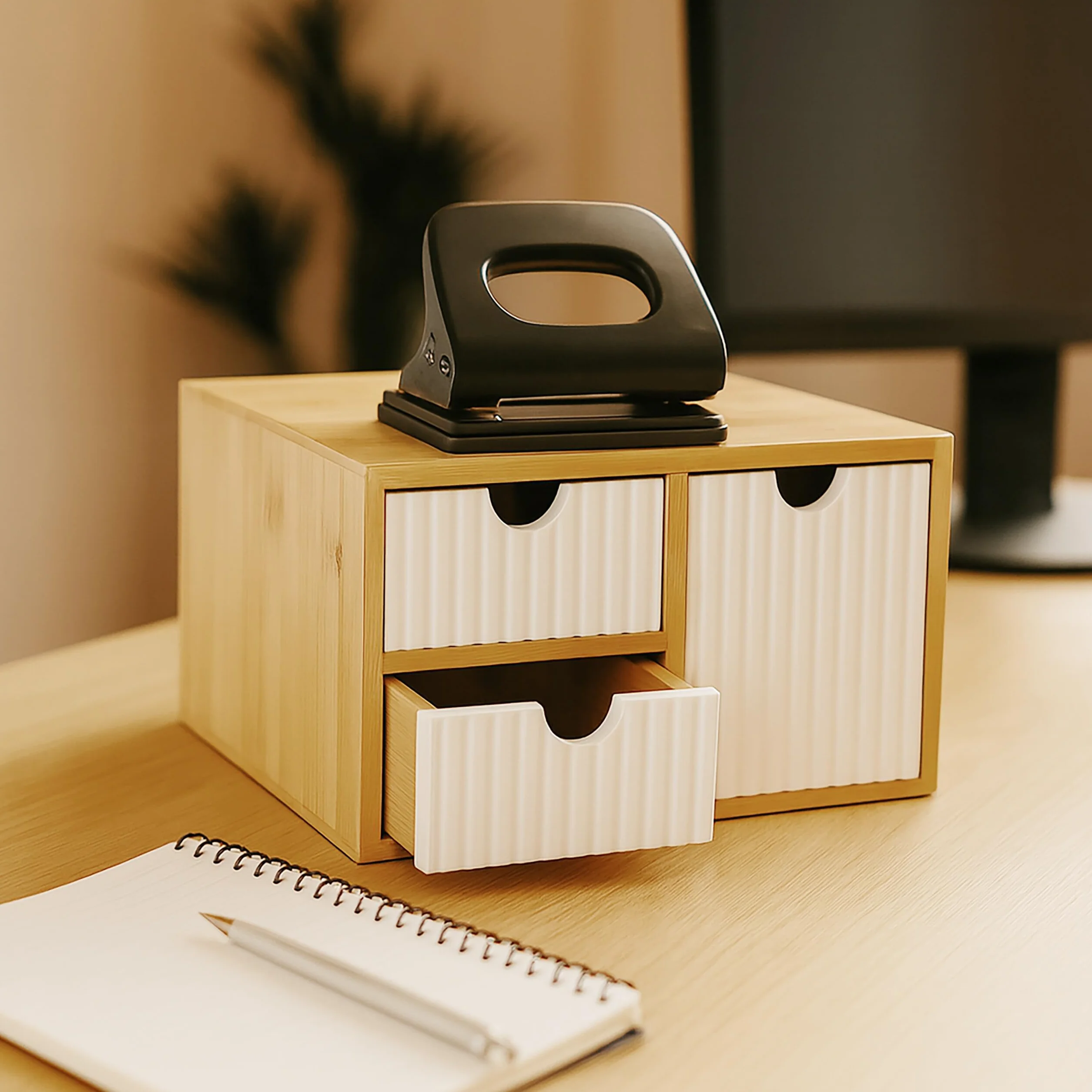 Relaxdays Pudełko z szufladami bambus MDF 3 szuflady organizer na biurko biały naturalny