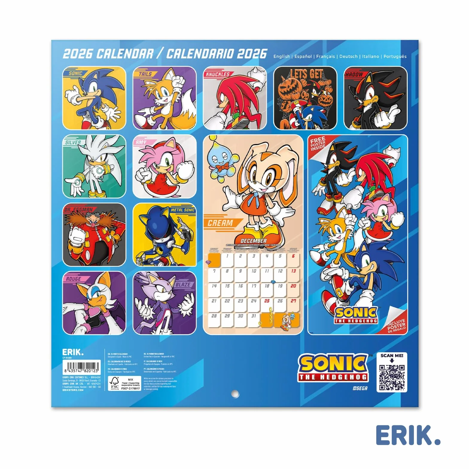 Grupo Erik Wall Calendar 2026 - Sonic Calendar 2026 | Square 30 x 30 cm - 12 x 12 inches Wall Planner, Family Planner Month To View | Sonic The Hedgehog Gifts For Friends