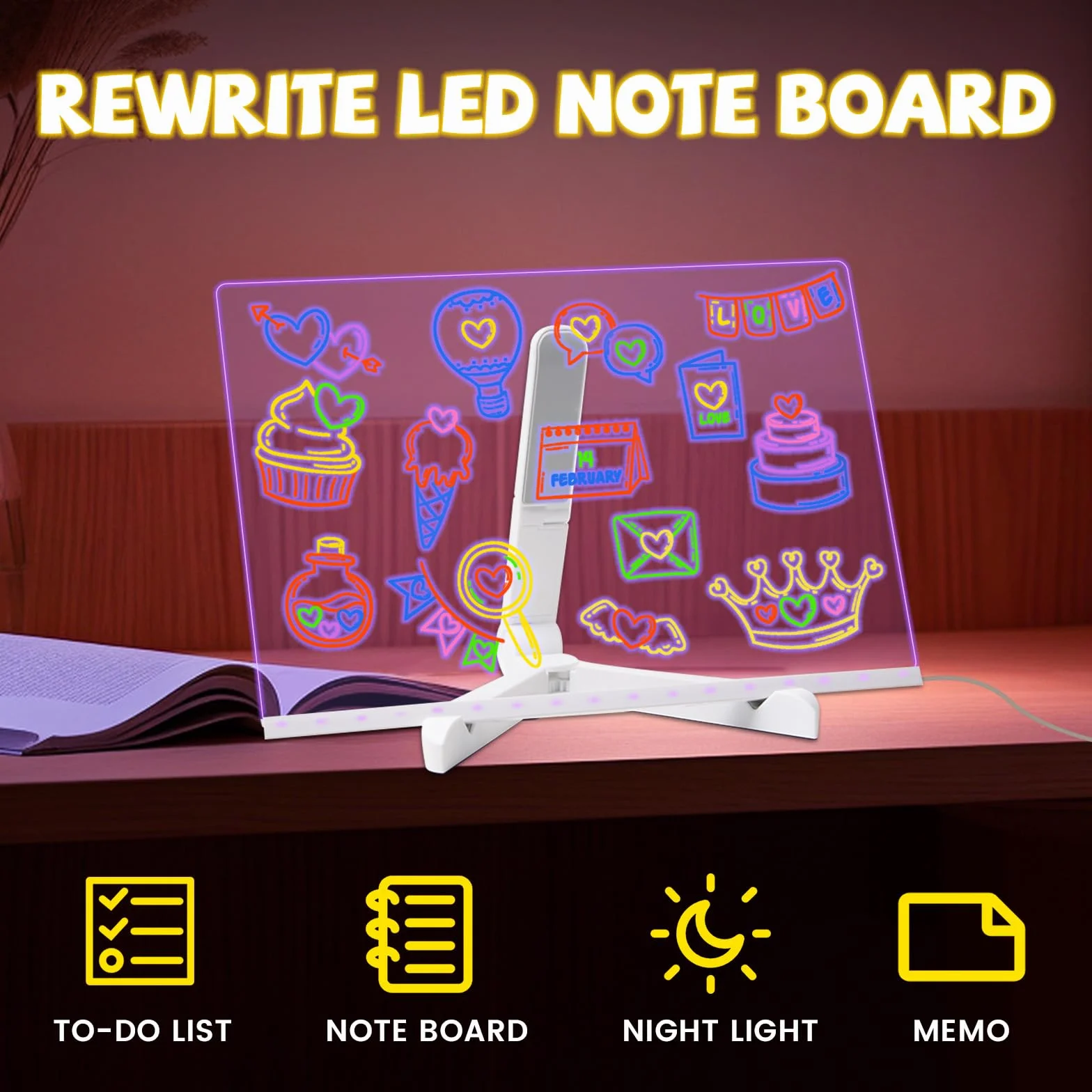 Lustaled Tablica do pisania LED z kolorami, akrylowa tablica do notatek z 7-kolorowym ołówkiem, 30x20 CM z podstawą, LED-tablica do rysowania dla dzieci, tablica artystyczna do biura, szkoły, domu