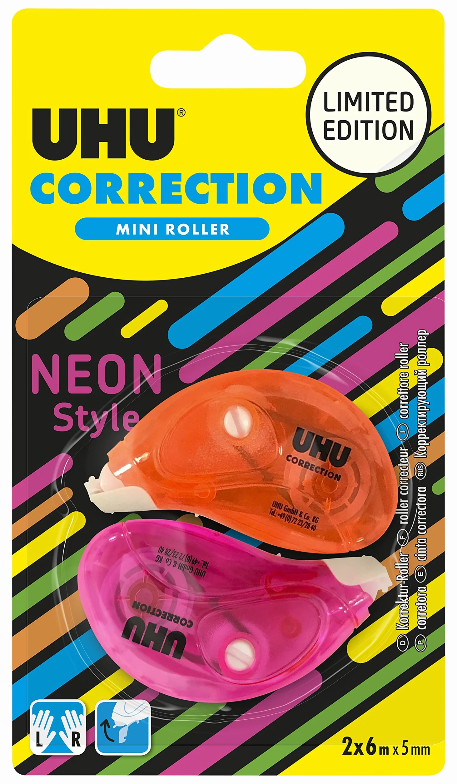 UHU Mini Neonowe Rolki korektora - Szybka, czysta i precyzyjna taśma korekcyjna, biała, zestaw 2 6 m x 5mm