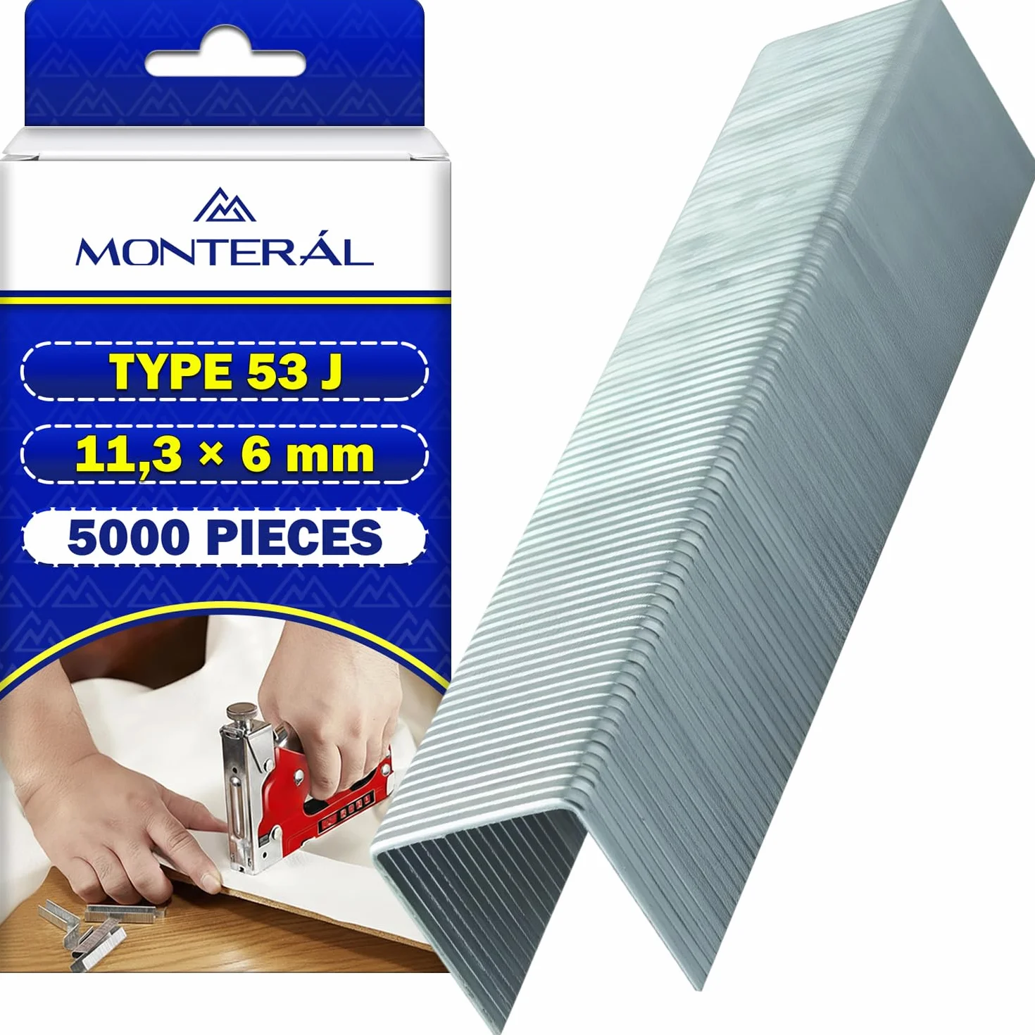 5000 sztuk zszywek typu 53 J 11,3 x 6 mm - zszywacz służy do tapicerki i dekoracji do mocowania tkanin, folii kartonowych, etykiet papierowych. MONTERAL