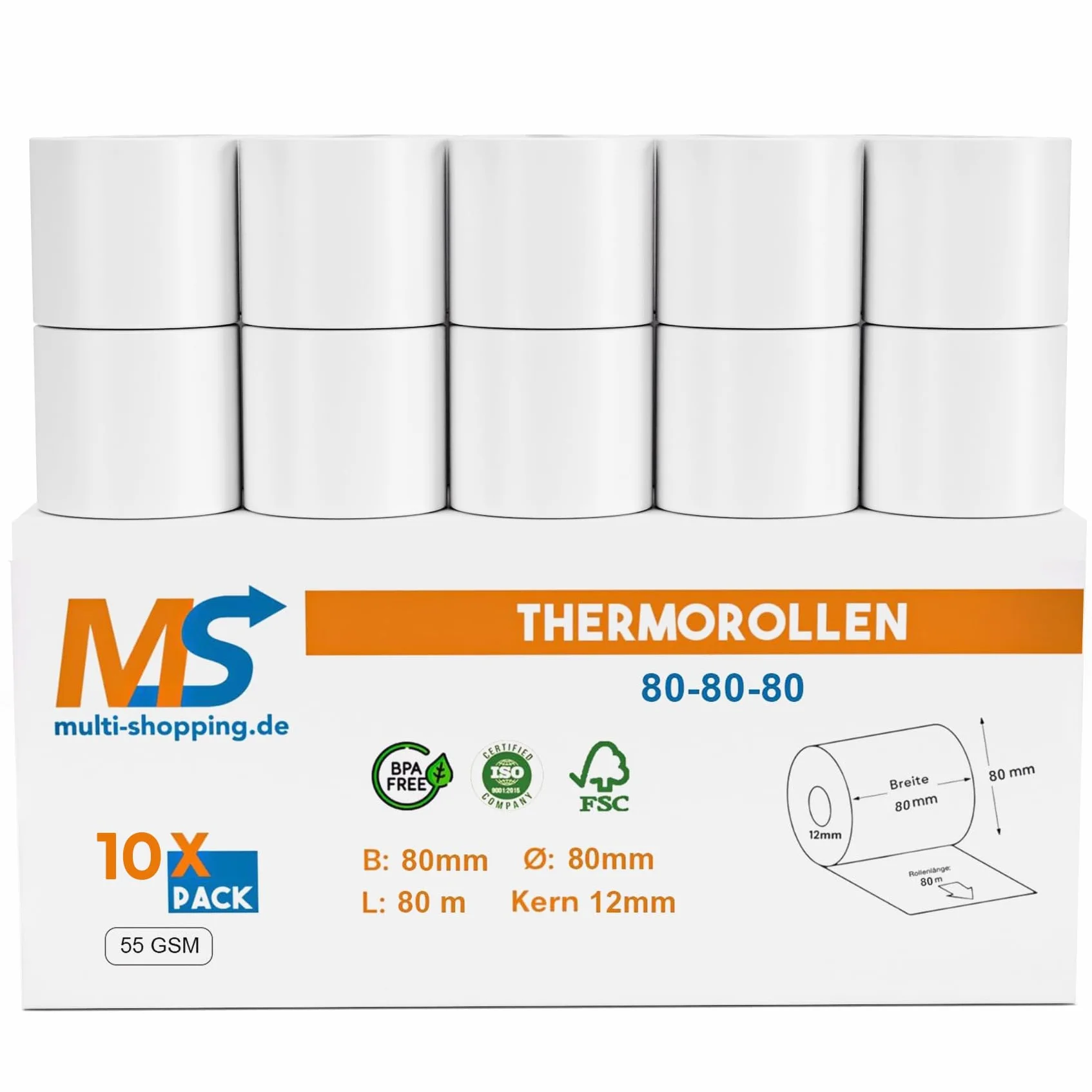 Rolki termiczne 80 mm x 80 m x 12 mm bez BPA 55 g do drukarek kasowych