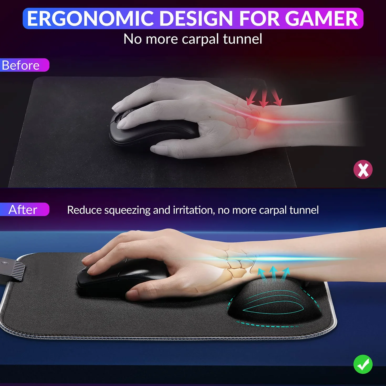 Gimars Ergonomiczna Podkładka pod Mysz z Podpórką pod Nadgarstek 30x25 cm RGB LED 10 Trybów Antypoślizgowa