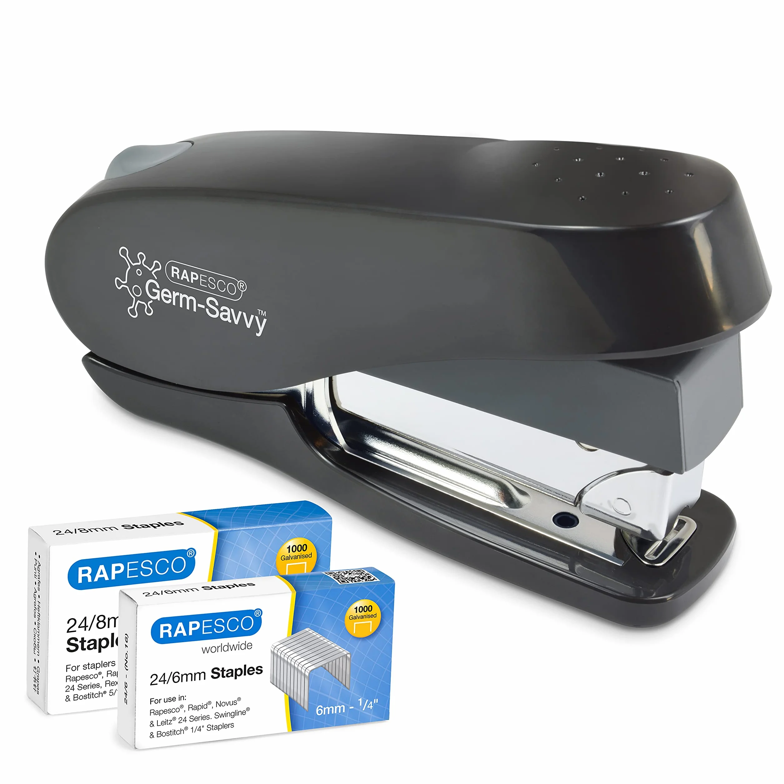 Rapesco 1466 Germ-Savvy ECO Luna Less Effort zszywacz antybakteryjny, 2000 zszywek, czarny