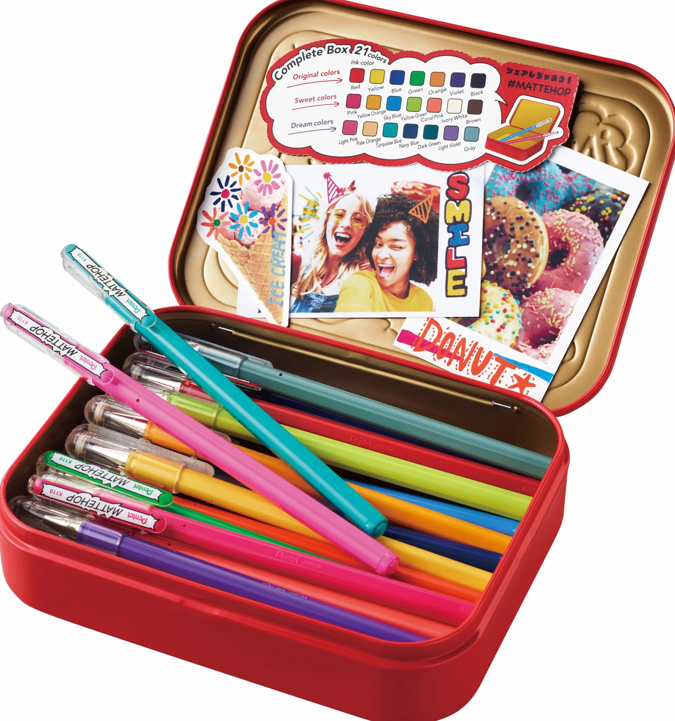 Pentel Mattehop K110V długopis żelowy 1,0 mm metalowe pudełko 21 sztuk sortowane kolorystycznie
