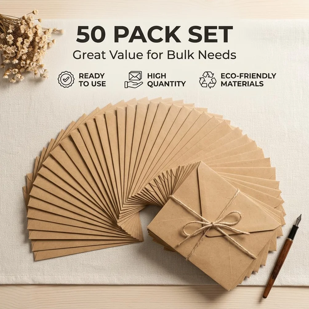 50 sztuk kopert B6 z papieru typu kraft, brązowe, 12,5 x 17,5 cm, koperty w stylu vintage, z klejeniem na mokro, na zaproszenia ślubne, kartki urodzinowe i Boże Narodzenie, nieprzezroczysta koperta