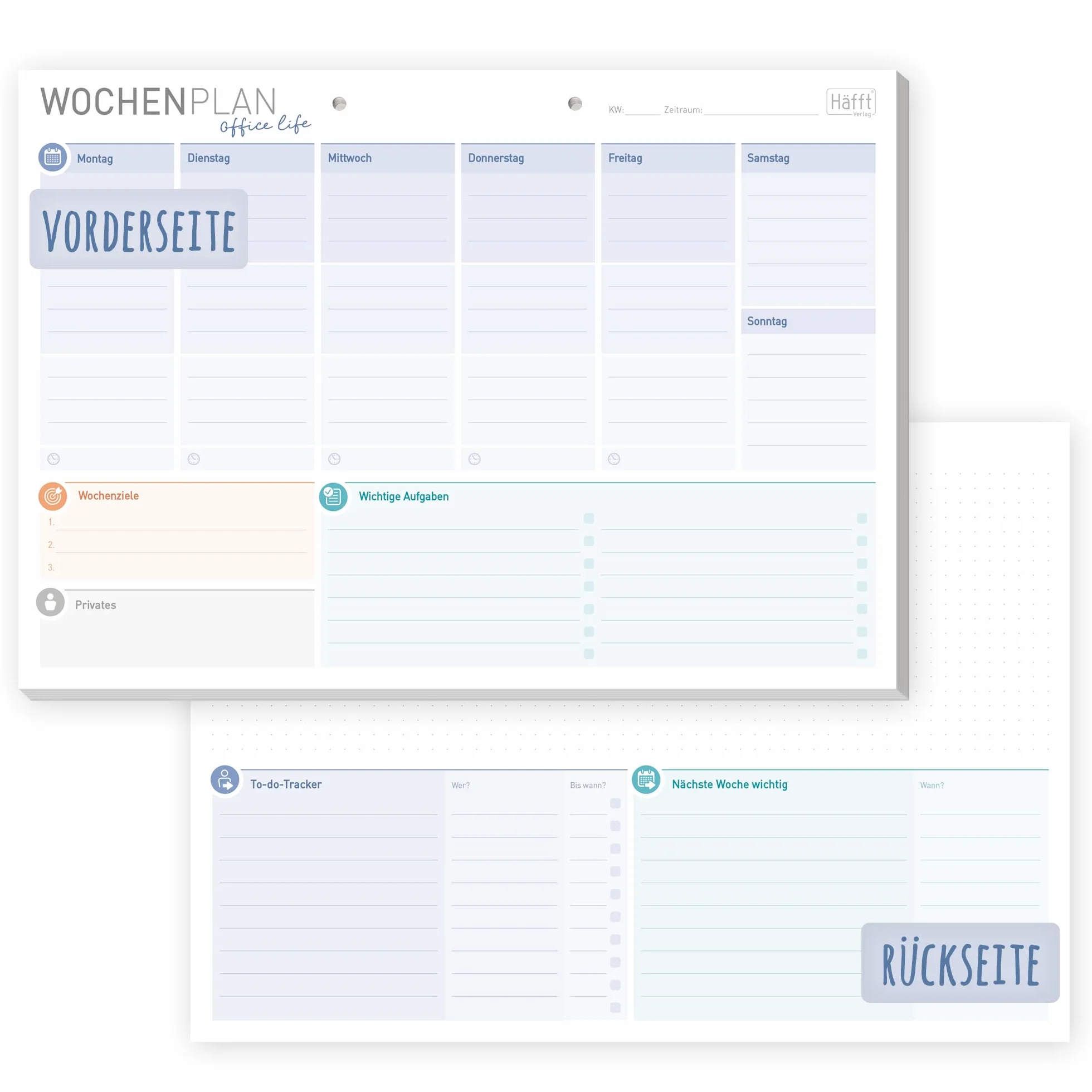 Planer tygodniowy Häfft® A4 bez stałej daty "Office Life" 50 kartek - planer spotkań bez daty z listą rzeczy do zrobienia, celami i nie tylko - przyjazny dla klimatu i ekologiczny